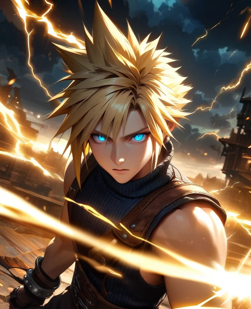 Symetrical,absurdres, highres, ultra detailed, HDR, masterpiece, extremely detailed face and eyes, Cloud Strife,final fantasy 7, yellow hair , , solo, man, handsome, ,, , Epic fight scene, yellow lightning effect, glowing glitters