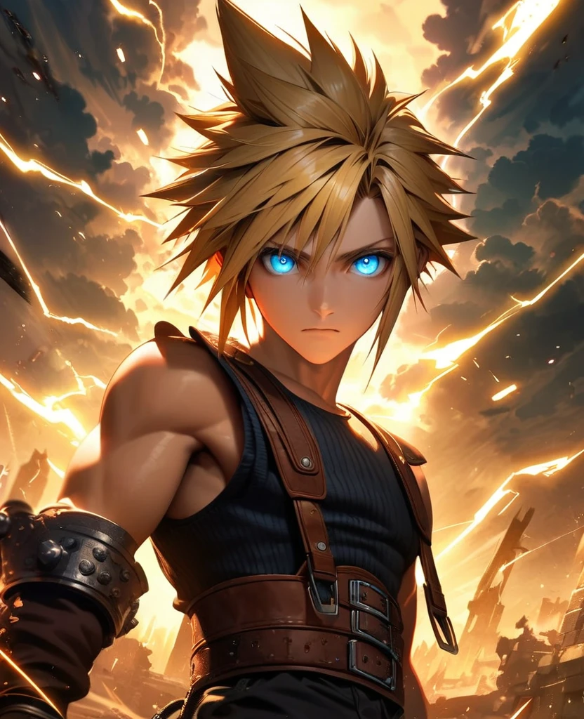 Symetrical,absurdres, highres, ultra detailed, HDR, masterpiece, extremely detailed face and eyes, Cloud Strife,final fantasy 7, yellow hair , , solo, man, handsome, ,, , Epic fight scene, yellow lightning effect, glowing glitters