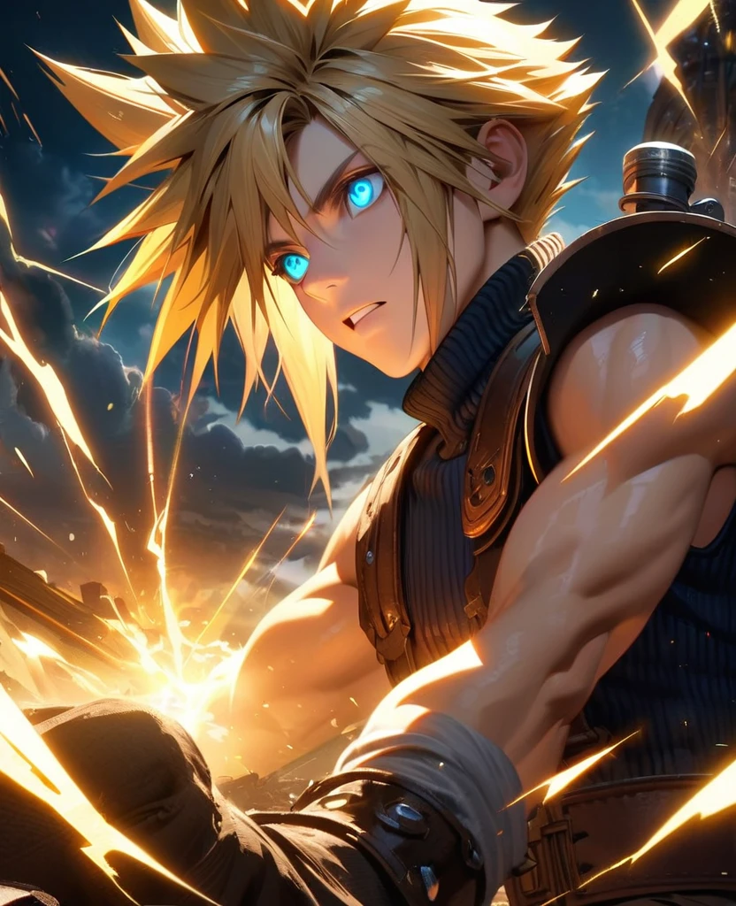 Symetrical,absurdres, highres, ultra detailed, HDR, masterpiece, extremely detailed face and eyes, Cloud Strife,final fantasy 7, yellow hair , , solo, man, handsome, ,, , Epic fight scene, yellow lightning effect, glowing glitters