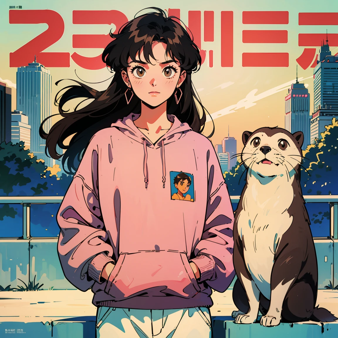 Best image quality, 1980s style animation, 21 year old girl, black hair, long hair, light brown eyes, With a baggy sweatshirt, magazine cover, whole body , city , evening in the park, posing, With a cute otter