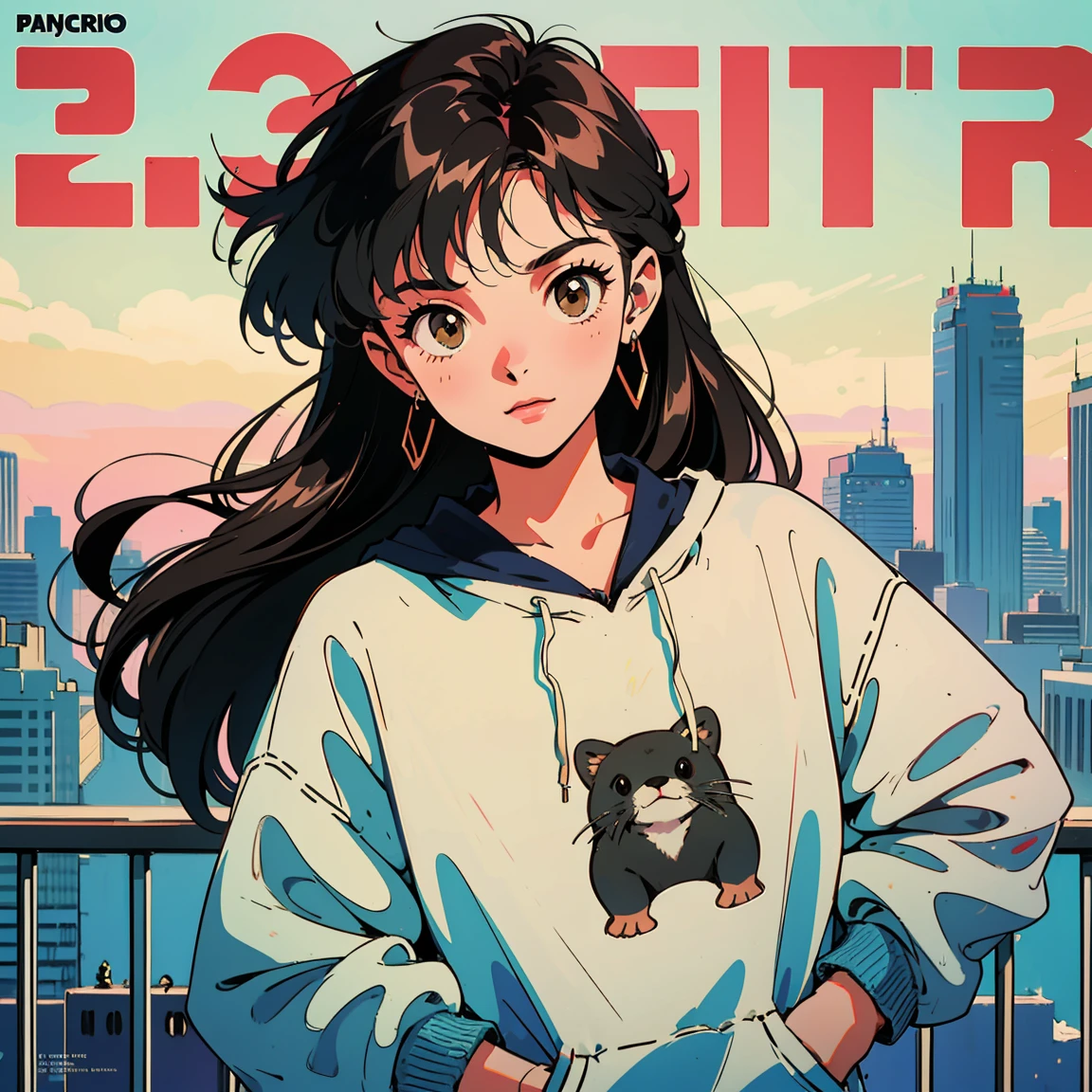 Best image quality, 1980s style animation, 21 year old girl, black hair, long hair, light brown eyes, With a baggy sweatshirt, magazine cover, whole body , city , evening in the park, posing, With a cute otter