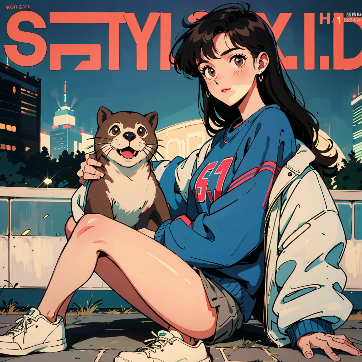 Best image quality, 1980s style animation, 21 year old girl, black hair, long hair, light brown eyes,  With a baggy sweatshirt, magazine cover, whole body , city , evening in the park, posing, With a cute otter