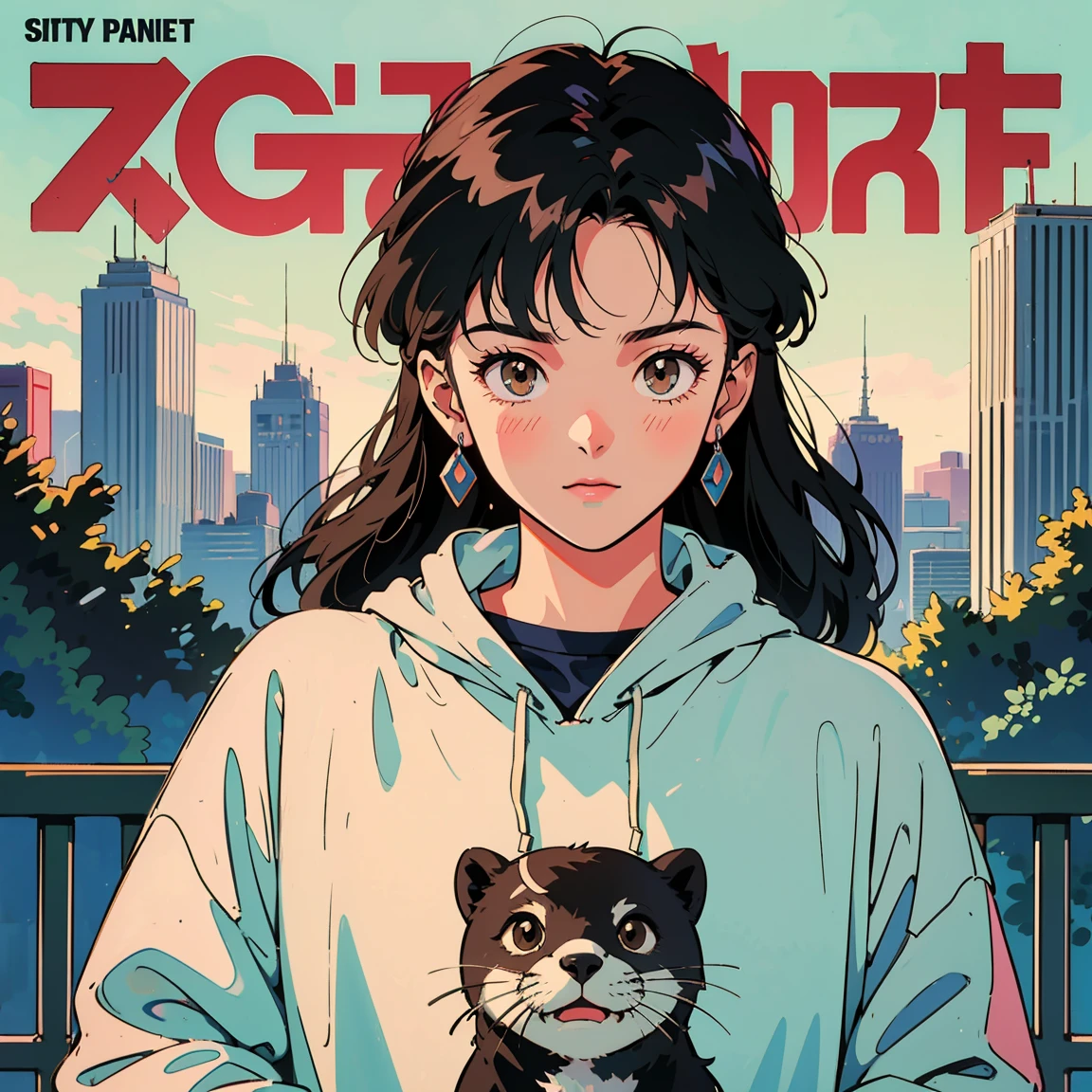Best image quality, 1980s style animation, 21 year old girl, black hair, long hair, light brown eyes, With a baggy sweatshirt, magazine cover, whole body , city , evening in the park, posing, With a cute otter