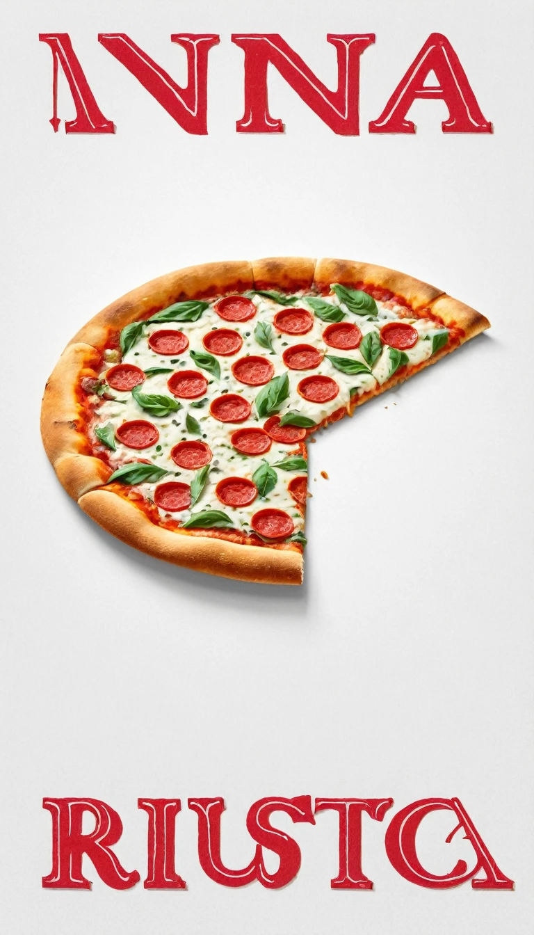 "NA
RUSTICA",
final "A" for both words replaced by a slice of pizza icon, red colour,
other letters in green, white background 