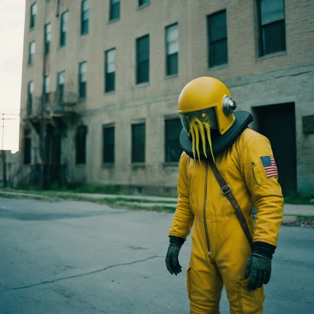 Horror-themed, In an ancient and mysterious city a person wearing a yellow helmet with yellow spikes on it carcosa city style, Don Bluth Style ASTRONAUT Cthulhu yellow Toon Doll, full body RAW candid cinema, cyan hair, 16mm, color graded portra 400 film, Eerie, unsettling, dark, spooky, suspenseful, grim, highly detailed