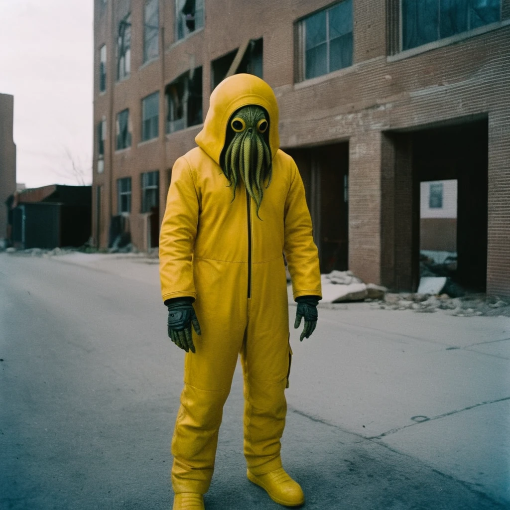 Horror-themed,  In an ancient and mysterious city a person wearing a yellow helmet with yellow spikes on it carcosa city style, Don Bluth Style ASTRONAUT Cthulhu yellow Toon Doll, full body RAW candid cinema, cyan hair, 16mm, color graded portra 400 film, Eerie, unsettling, dark, spooky, suspenseful, grim, highly detailed