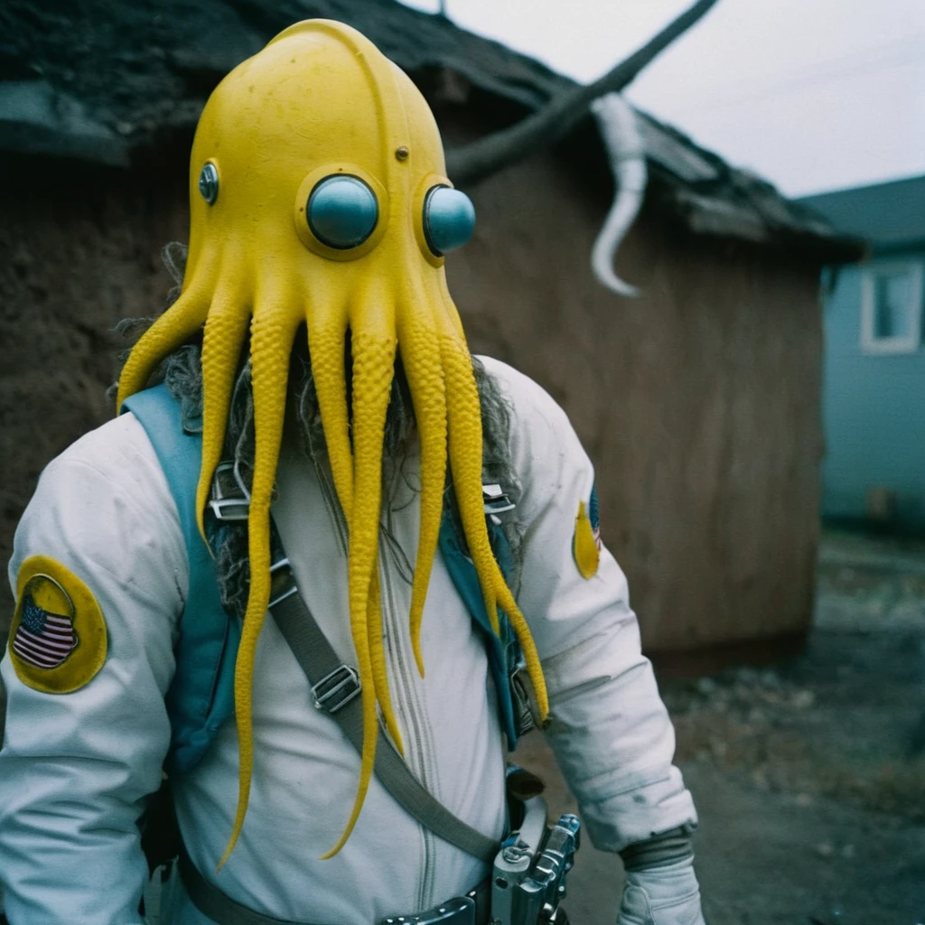Horror-themed,  In an ancient and mysterious city a person wearing a yellow helmet with yellow spikes on it carcosa city style, Don Bluth Style ASTRONAUT Cthulhu yellow Toon Doll, full body RAW candid cinema, cyan hair, 16mm, color graded portra 400 film, Eerie, unsettling, dark, spooky, suspenseful, grim, highly detailed