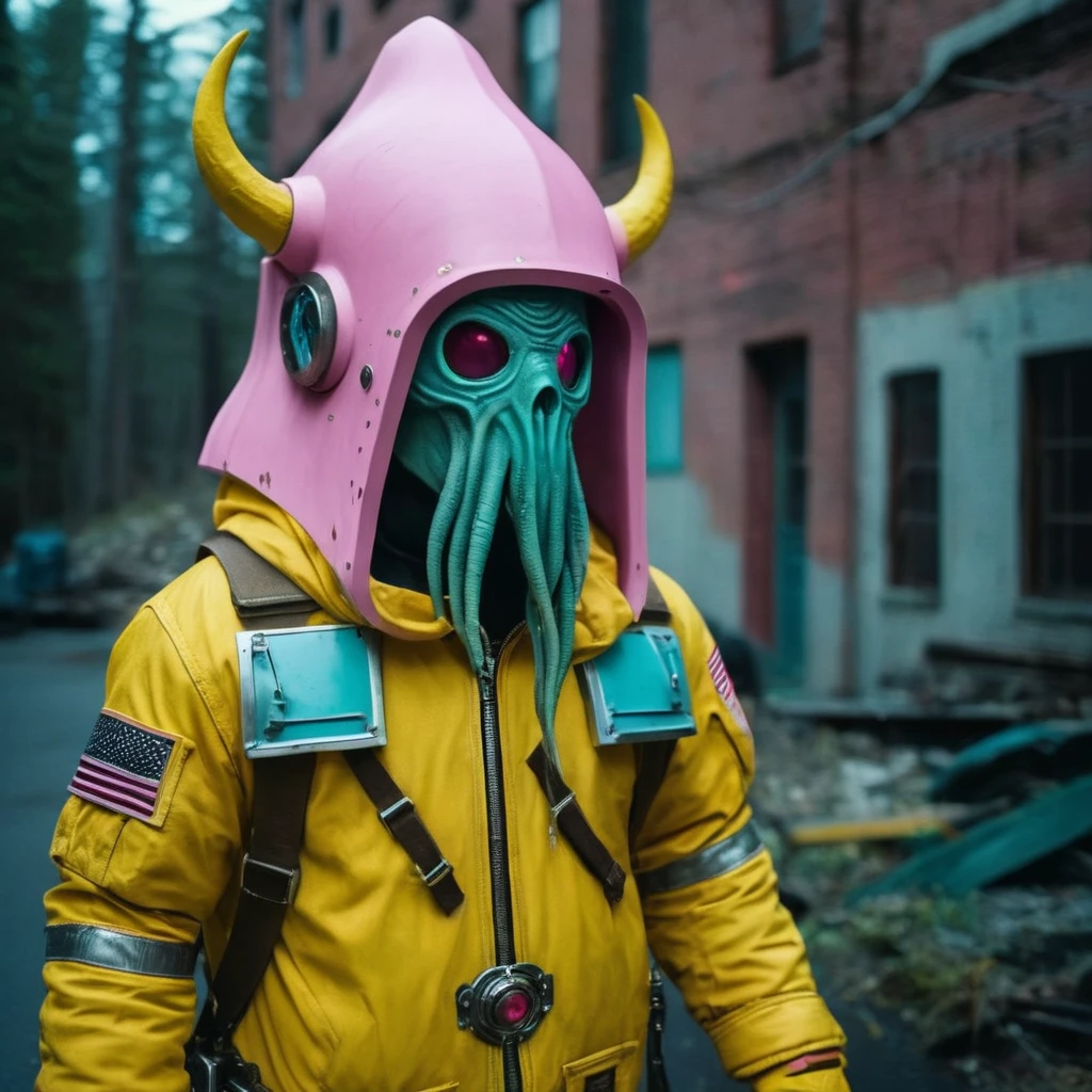 Horror-themed,  In an ancient and mysterious city a person wearing a yellow helmet with pink dark spikes on it carcosa city style, Don Bluth Style ASTRONAUT Cthulhu yellow Toon Doll, full body RAW candid cinema, cyan hair, 16mm, color graded portra 400 film, Eerie, unsettling, dark, spooky, suspenseful, grim, highly detailed, titanium decorative headdress, cinematic, trending on artstation | Isometric | Centered