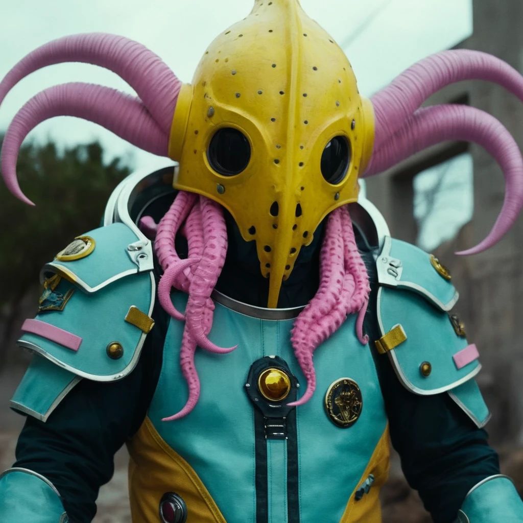 Horror-themed, In an ancient and mysterious city a person wearing a yellow helmet with pink dark spikes on it carcosa city style, Don Bluth Style ASTRONAUT Cthulhu yellow Toon Doll, full body RAW candid cinema, cyan hair, 16mm, color graded portra 400 film, Eerie, unsettling, dark, spooky, suspenseful, grim, highly detailed, titanium decorative headdress, cinematic, trending on artstation | Isometric | Centered