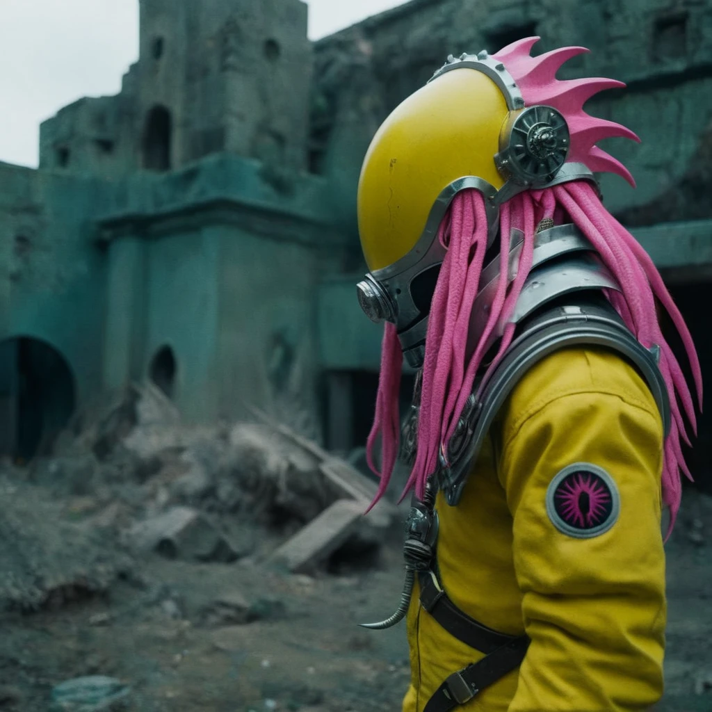 Horror-themed,  In an ancient and mysterious city a person wearing a yellow helmet with pink dark spikes on it carcosa city style, Don Bluth Style ASTRONAUT Cthulhu yellow Toon Doll, full body RAW candid cinema, cyan hair, 16mm, color graded portra 400 film, Eerie, unsettling, dark, spooky, suspenseful, grim, highly detailed, titanium decorative headdress, cinematic, trending on artstation | Isometric | Centered