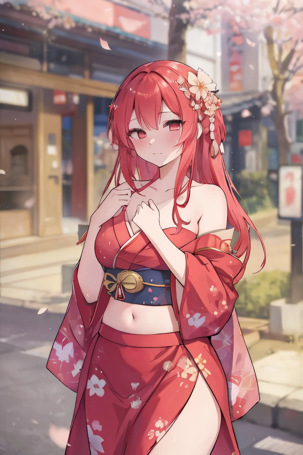 Stunning Masterpiece, Top-Quality, High Resolution, SA1, Long Red Hair, Yukata, Tokyo Backdrop, Ahri from League of Legends, Open Yukata, Cherry Blossom Pattern, Exposed Shoulder, Bare Midriff, Sensual, Diffused Light, Dreamlike, Tokyo Street Scene.