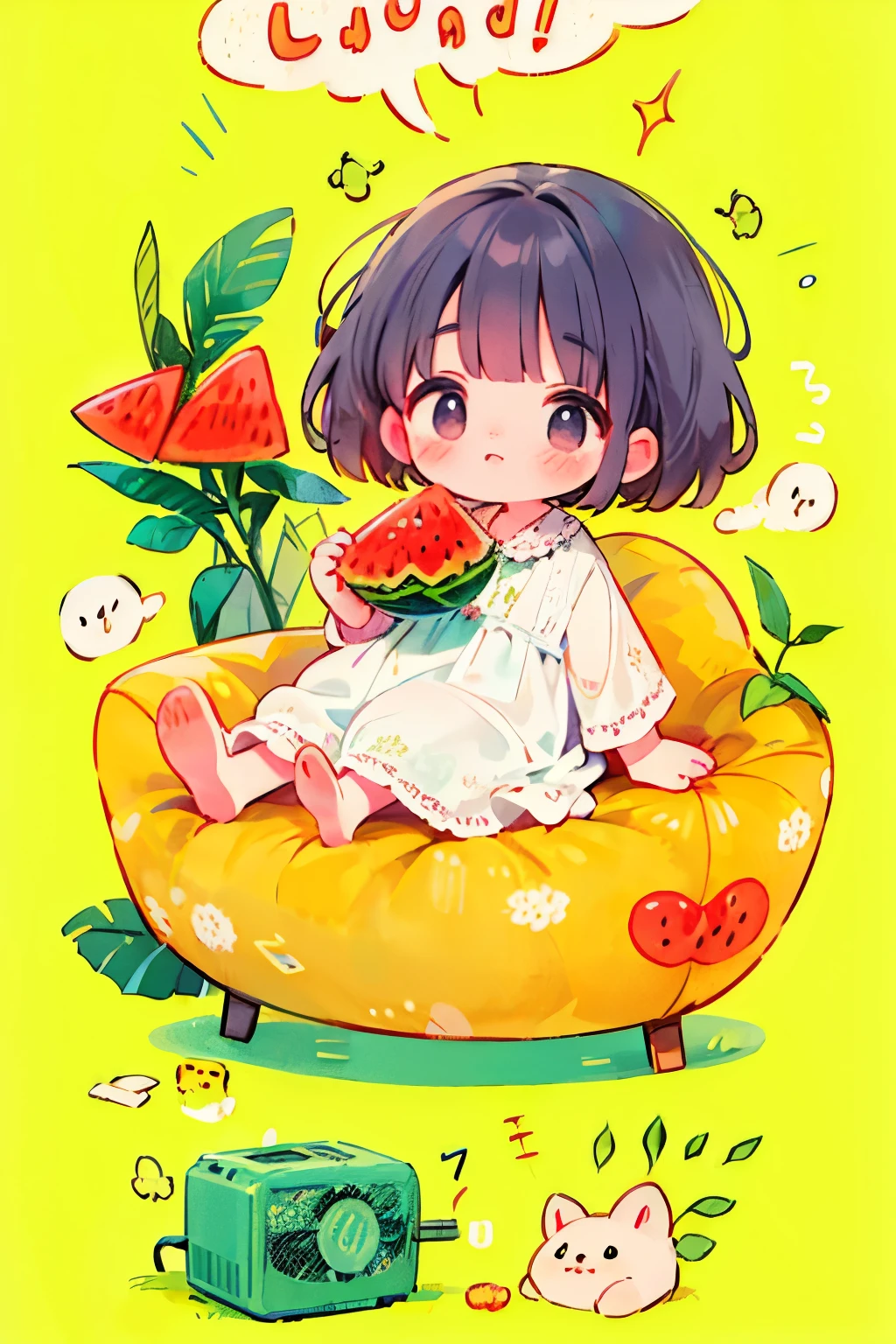 A chubby baby holding a watermelon in her hand, with a sofa and an electric fan behind her, enjoying the summer breeze