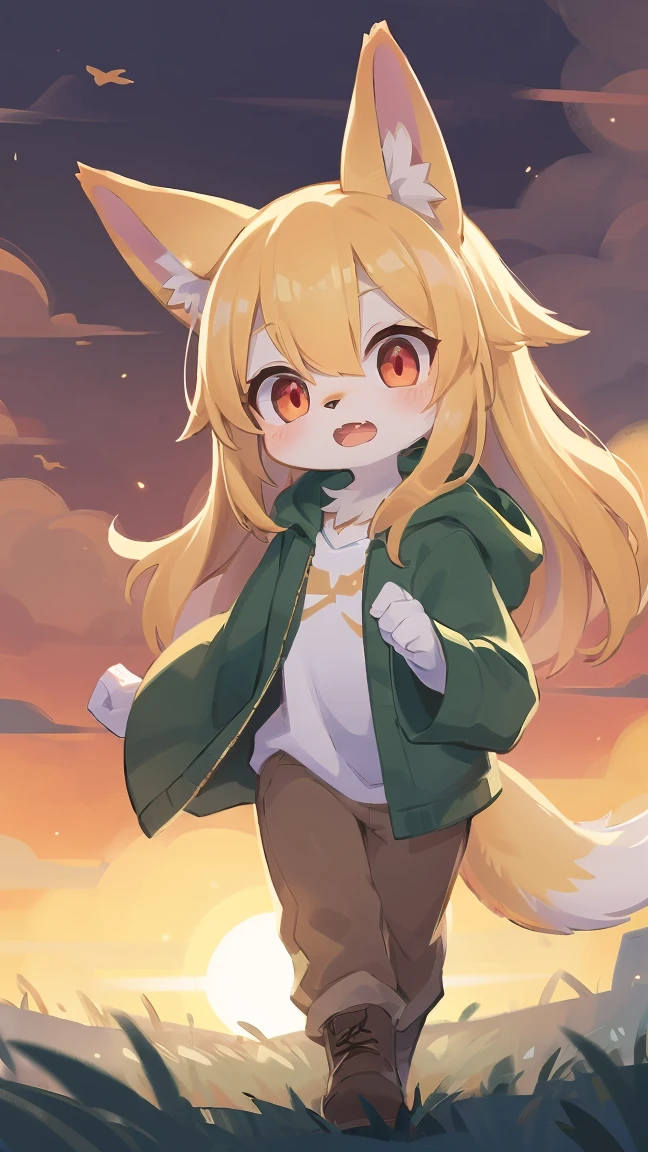 loli the fox, , was hairy, shaggy, skin fur, smooth lashes, golden fur, forelimb hands, straight long blonde hair, solid circle eyes, golden ears, golden fur, golden facial fur, shiny hair, red eyes, super cute face, 1fox tail, fluffy tail, furry tail, glowing eyes, green coat green hood down, brown trousers, open mouth, embarrassed, ambient light, ultra-fine fur, dashed eyes, full body, masterpiece, high quality, high-details, best quality, wide short, (((solo))), twilight, sun light, red sky, rim light