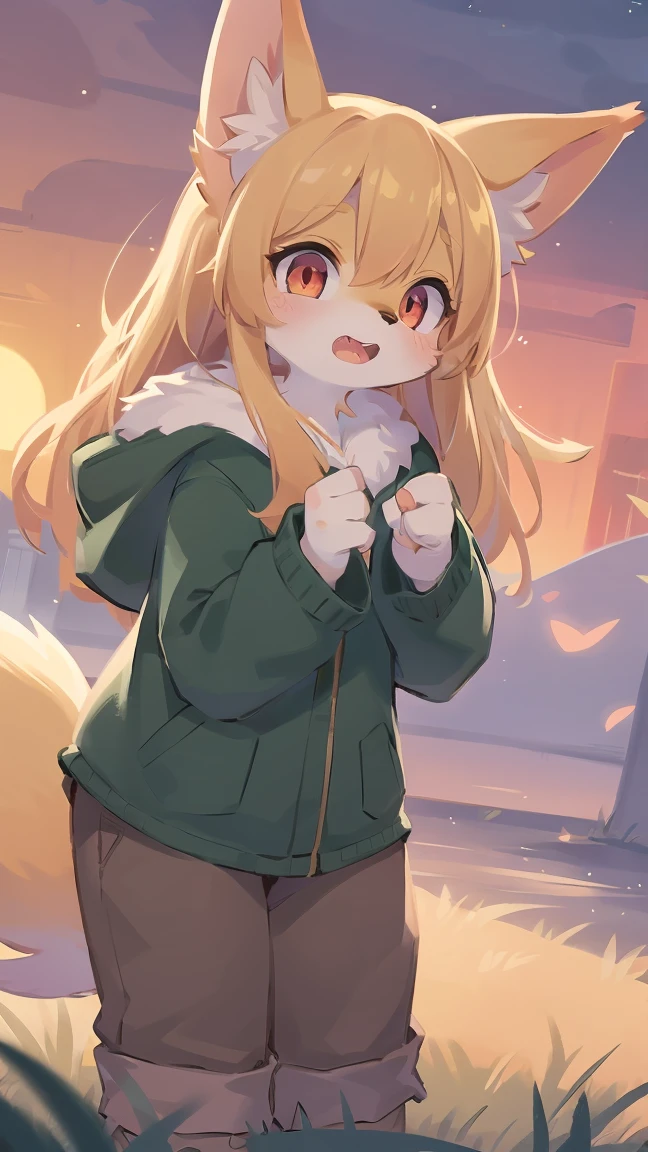 the fox, , was hairy, shaggy, skin fur, smooth lashes, golden fur, forelimb hands, straight long blonde hair, solid circle eyes, golden ears, golden fur, golden facial fur, shiny hair, red eyes, super cute face, 1fox tail, fluffy tail, furry tail, glowing eyes, green coat green hood down, brown trousers, open mouth, embarrassed, ambient light, ultra-fine fur, dashed eyes, full body, masterpiece, high quality, high-details, best quality, wide short, (((solo))), twilight, sun light, red sky, rim light