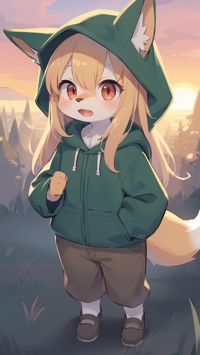 the fox, , was hairy, shaggy, skin fur, smooth lashes, golden fur, forelimb hands, straight long blonde hair, solid circle eyes, golden ears, golden fur, golden facial fur, shiny hair, red eyes, super cute face, 1fox tail, fluffy tail, furry tail, glowing eyes, green coat green hood down, brown trousers, open mouth, embarrassed, ambient light, ultra-fine fur, dashed eyes, full body, masterpiece, high quality, high-details, best quality, wide short, (((solo))), twilight, sun light, red sky, rim light