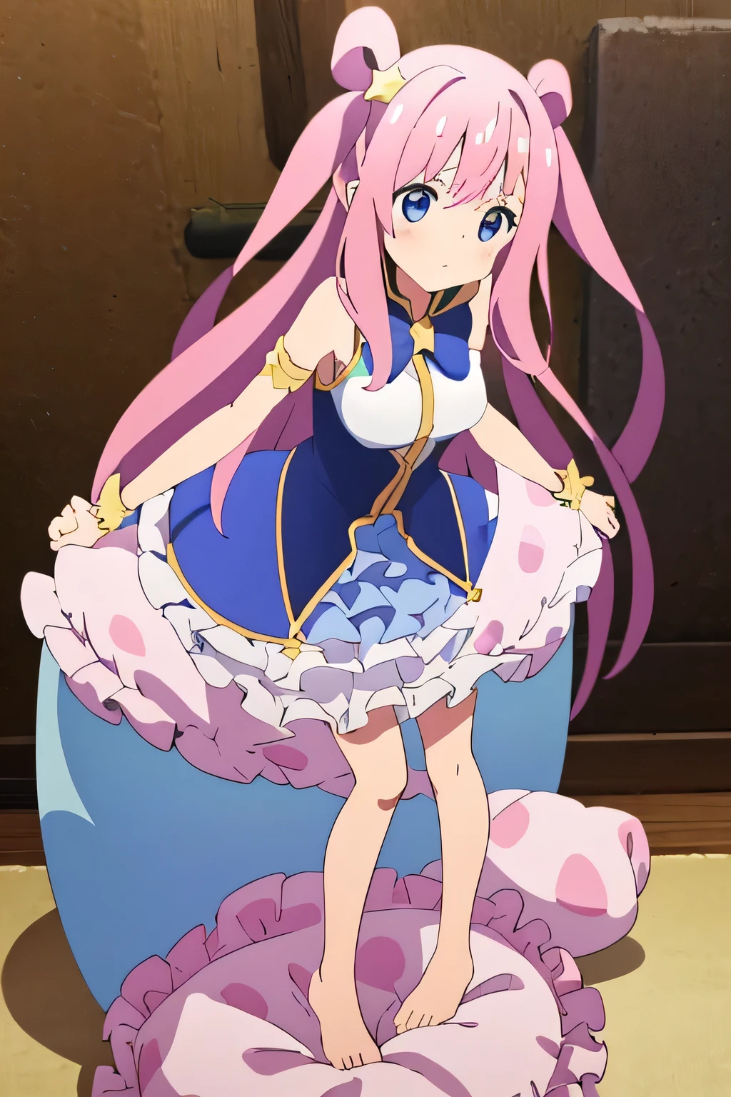 (best quality, masterpiece) , a girl standing on the top of a pillow, details, full body, (Light and shadow oxtail) , Cute girl posing on pillow , large pillow, Pillow, standing, ((standing on a pillow)), long hair, frilled pillow , ((pink pillow)), (standing on a soft object), pillow on the floor, (standing pose on pillow), on pillow, pillow damage, feet on pillow, stepping pillow, (stepping on the top of a pillow), stomping on a pillow, feathers came out from pillow, hatsune (princess connect)
