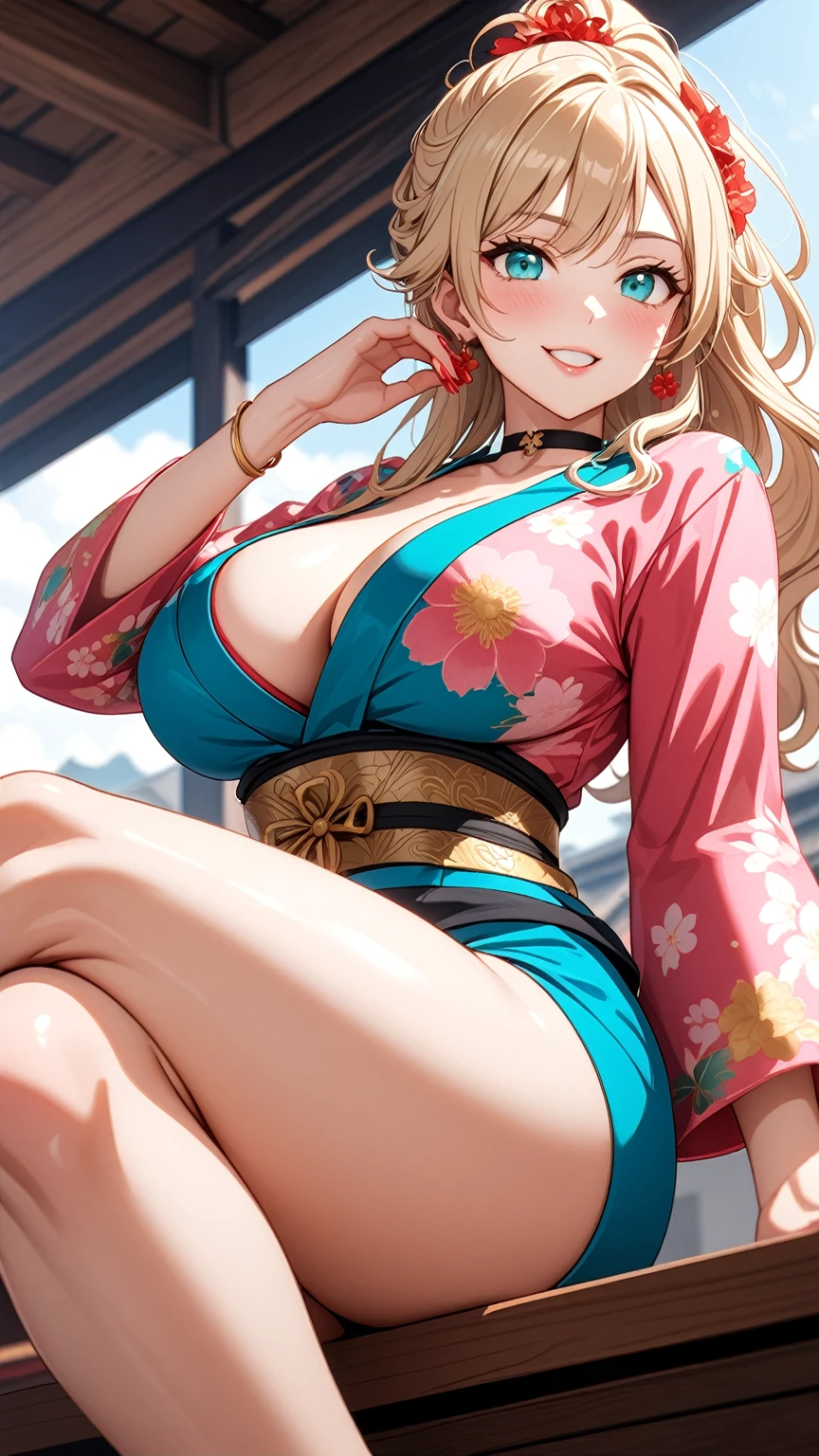 ((One personの女性)), Beautiful Face,(Laughing embarrassedly), (naughty face:1.2), (Wink:1.9), (head tilt:1.3), Laughing with your mouth open, upper teeth, ((Bright red cheeks:1.4)),Glossy pink lips, ((crossed legs:1.4)), ((foot focus)), (panty shot), looking down at viewer,Touching hair with hands,looking at viewer,Shining Face, rooftop, Festival decorations, firework, ((Anime style background)),masterpiece, Highest quality, so beautiful,up to date, Complex details, (Pink long nails),(ring),(bracelet),(choker),AI-generated, Complex,High resolution, Highest quality, super high quality,3D Images、3D Images,One person,Long blonde hair,ponytail, wavy hair ,Anime woman posing for a photo, ((Fine grain、Turquoise Eyes、Shining Eyes:1.3)), (Squint your eyes:1.1),a hyperRealistic , hyperRealistic , Realistic,Anime woman with long white hair, Smooth anime CG art, A woman in a colorful kimono with gold embroidery, (Pink long sleeve kimono),Red floral pattern,Long flower hair ornament,Earrings,Mature Body,(Big Breasts:1.1),Tall,Abdominal muscles,Tight waist,(Zoom up to face:1.1), ((from the side and slightly from below)),