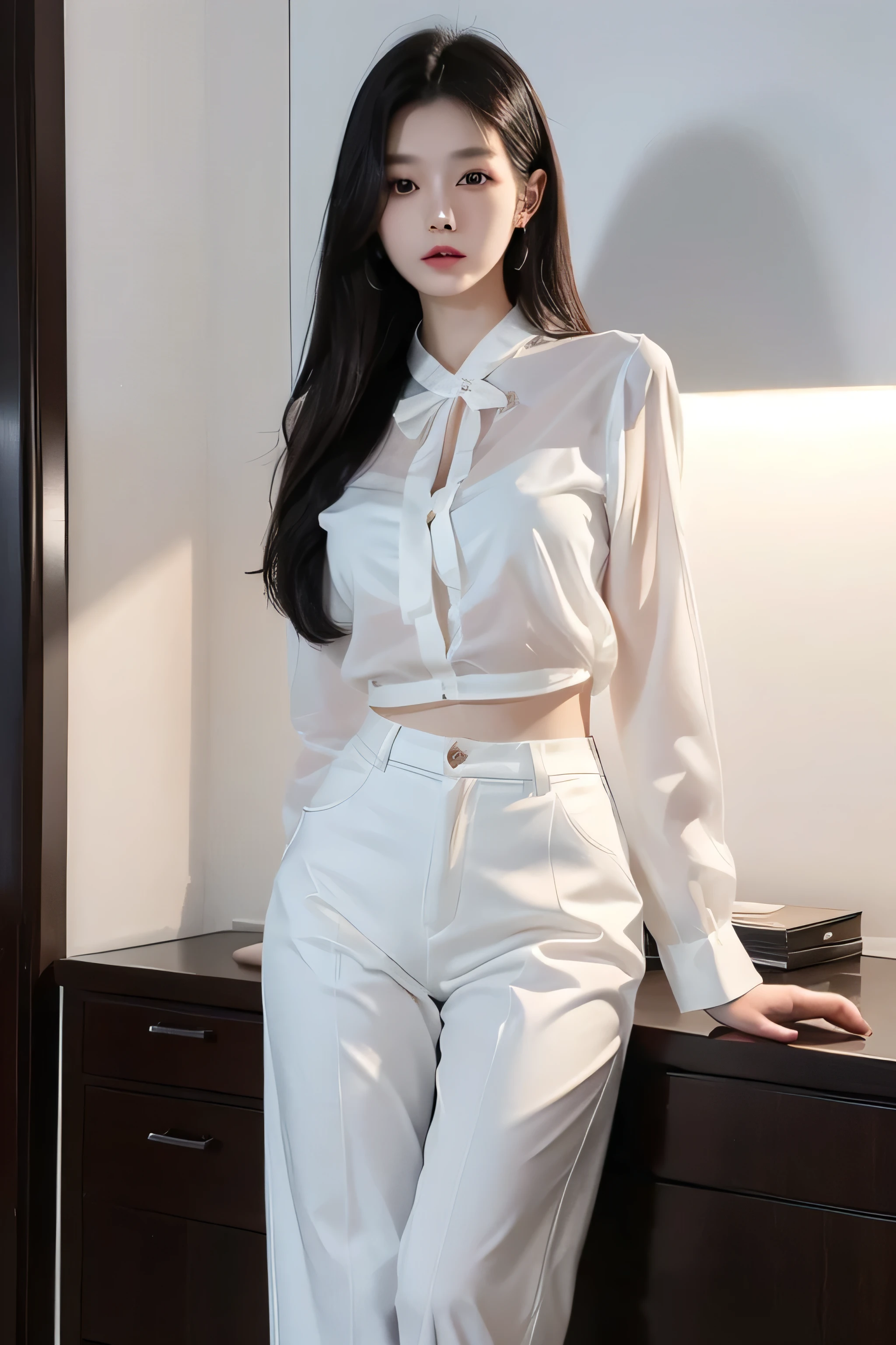 highly detailed face and body, 21 years old, chinese model, tall, perfect body, passionate and cute look, long black hair, black eyes, office lady outfit, white translucent blouse, long pants, small firm breasts, light skin, full body facing front