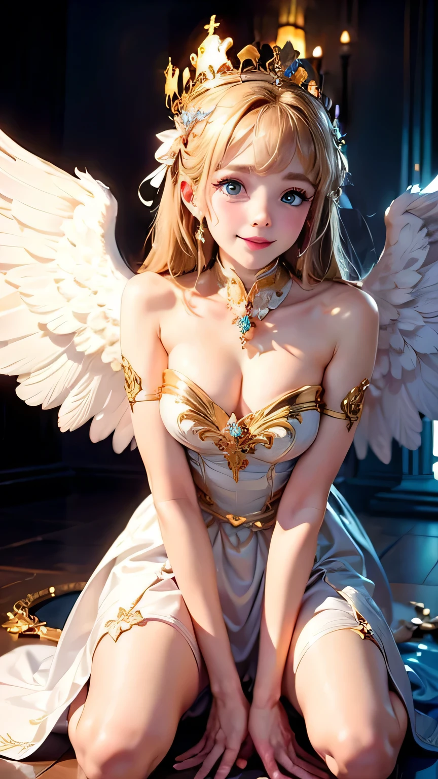 ((high quality)), (masterpiece, realistic), cute, angel wings, Goddess, shine god, CROWN, White, front, big eyes, (have confidence:1.4), smile, Look forward,