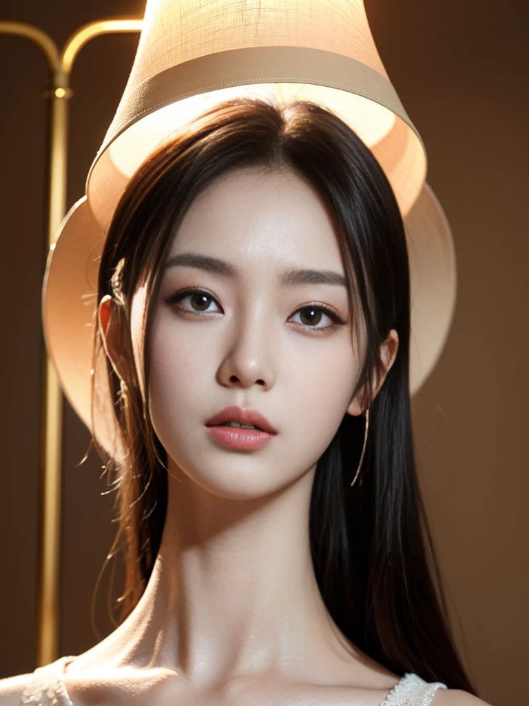 Masterpiece, best quality best, lamp, Very detailed,, Ultra high resolution, 8k wallpaper, Perfect dynamic composition, beautiful eyes , South Korean woman, 20 years old, exquisite face，Her face looks very similar to actor Jun Ji Hyun.，It&#39;s a perfect face.,Face the peak of sexual arousal., looking at the audience, with a smile，((deep dark background)),natural hair，Fragrant shoulder，collarbone，Awesome light and shadow，Wear delicate earringiddle bust，There is a schism.，（Wearing a beautiful pink singlet pajamas. [1].3），(The skin texture is very delicate1.1), (perfect details: 1.1),