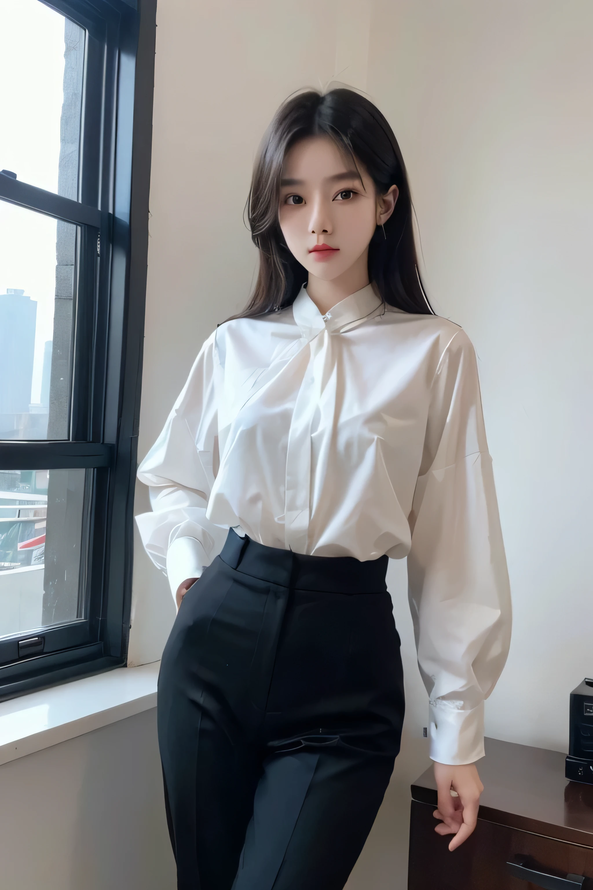 highly detailed face and body, 21 years old, chinese model, tall, perfect body, passionate and cute look, long black hair, black eyes, office lady outfit, white translucent blouse, long pants, small firm breasts, light skin, full body facing front