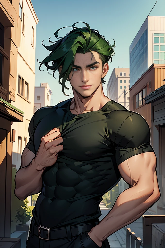Masterpiece, best quality, 1boy, solo, male, stud male adult, boy, 25 years old, deep forest green hair,Medium-length hair, medium hair, tousled and falls slightly over his forehead, cute, tall, handsome, perfect face, round eyes, expressive eyes, hazel eyes, clever eyes, shiny eyes, broad nose, full lips lips, detailed face, standing, confirmed pose, half smiling, wearing black shirt, tight black shirt, sleeves up, muscular, strong build, olive skin, scar marks in hand, half body,portrait style,looking at viewer, city in background, light and shadow,