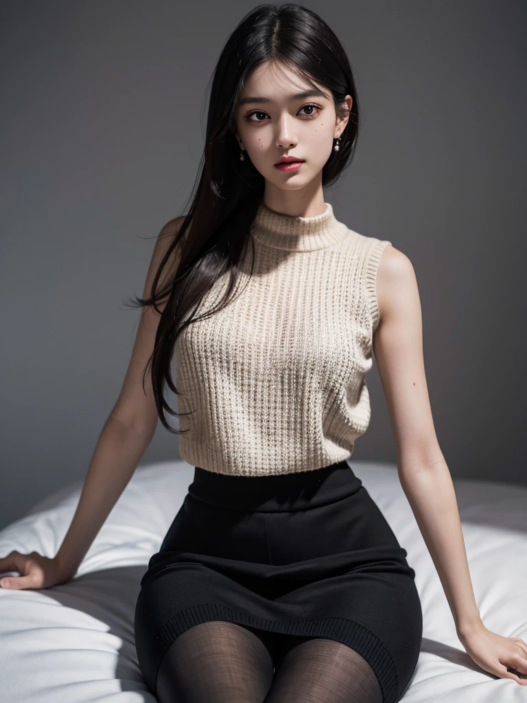 absurdres, RAW photo, extremely delicate and beautiful, masterpiece, Best Quality, ultra high resolution, 32k, hyperrealistic, ultra-detailed, perfect anatomy, super Detailed skin, perfect figure, Japanese woman, late 20s, very Slim body, narrow waist, very small head, handsome detailed woman, very detailed eyes and face, realistic face proportions, Stunning detailed eyes, Realistic beautiful face, very small face, Realistic small beautiful eyes, tearful mole, earring, beautiful and very thin legs, beautiful and very thin thighs, ((very huge round breasts)), medium hair, black hair, ((((full body shot)))), ((sweater)), ((sleeveless)), pencil skirt,