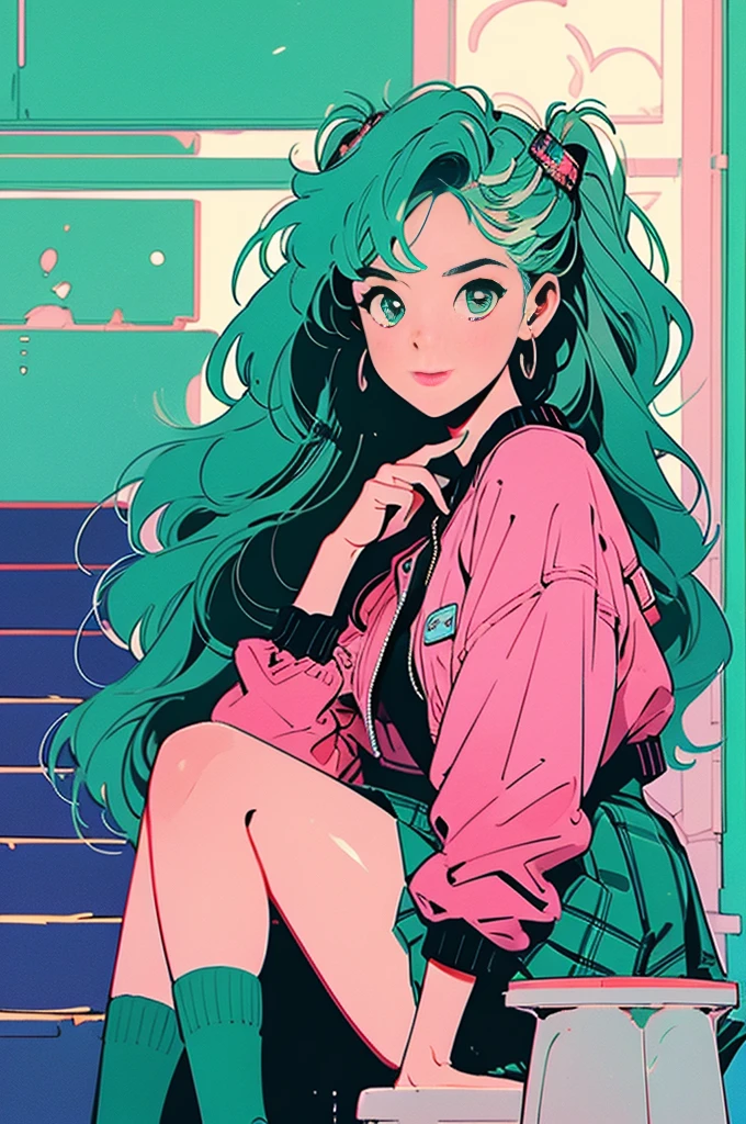 Volume hair, soft hair, emerald green hair and pink inner color, wavy hair, gradation hair, green hair, side braids, wavy hair, two side up, cloud hair, emerald green eyes, high school girl, Cheerful and active, blonde clip, loose socks, plaid skirt, holding smartphone, on the street, (best) quality, 4K, 8K, high resolution, masterpiece: 1.2), ultra-definition, bright colors, soft lighting