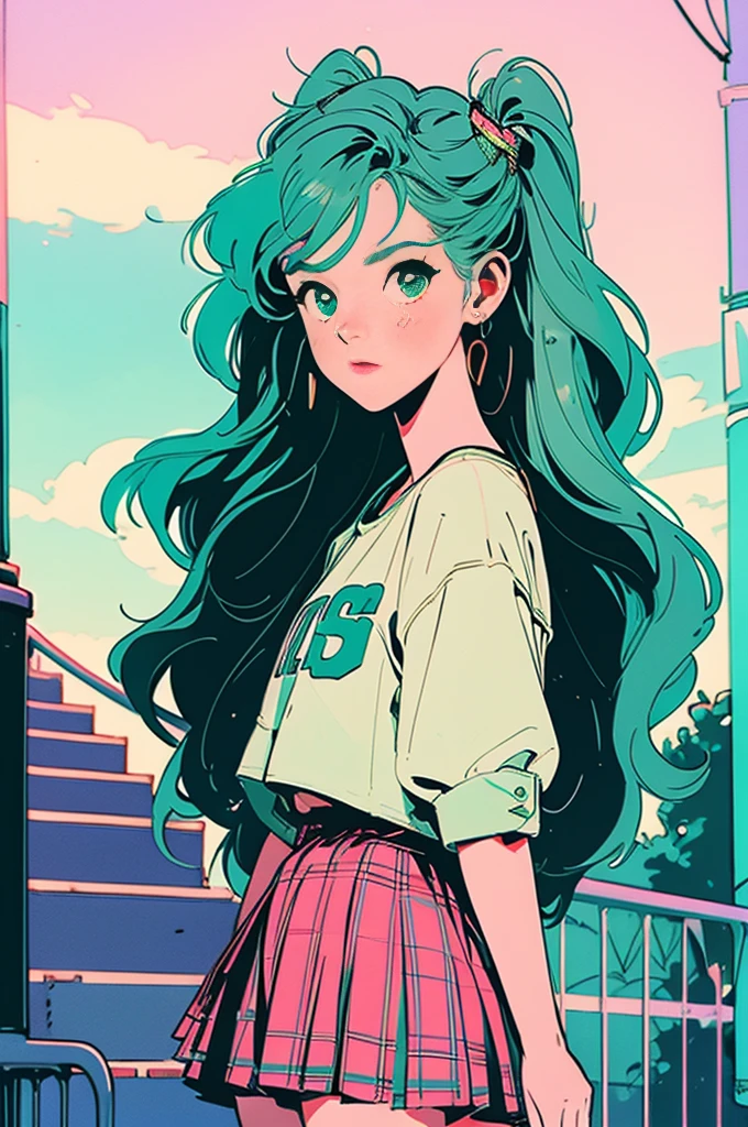 Volume hair, soft hair, emerald green hair and pink inner color, wavy hair, gradation hair, green hair, side braids, wavy hair, two side up, cloud hair, emerald green eyes, high school girl, Cheerful and active, blonde clip, loose socks, plaid skirt, holding smartphone, on the street, (best) quality, 4K, 8K, high resolution, masterpiece: 1.2), ultra-definition, bright colors, soft lighting