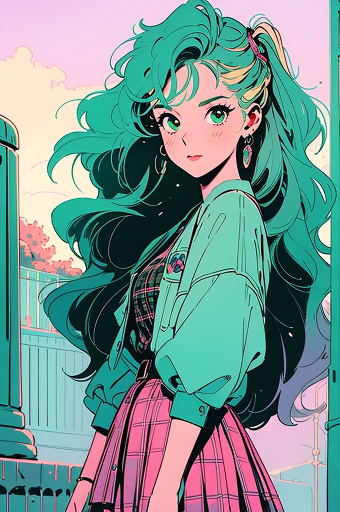 Volume hair, soft hair, emerald green hair and pink inner color, wavy hair, gradation hair, green hair, side braids, wavy hair, two side up, cloud hair, emerald green eyes, high school girl, Cheerful and active, blonde clip, loose socks, plaid skirt, holding smartphone, on the street, (best) quality, 4K, 8K, high resolution, masterpiece: 1.2), ultra-definition, bright colors, soft lighting