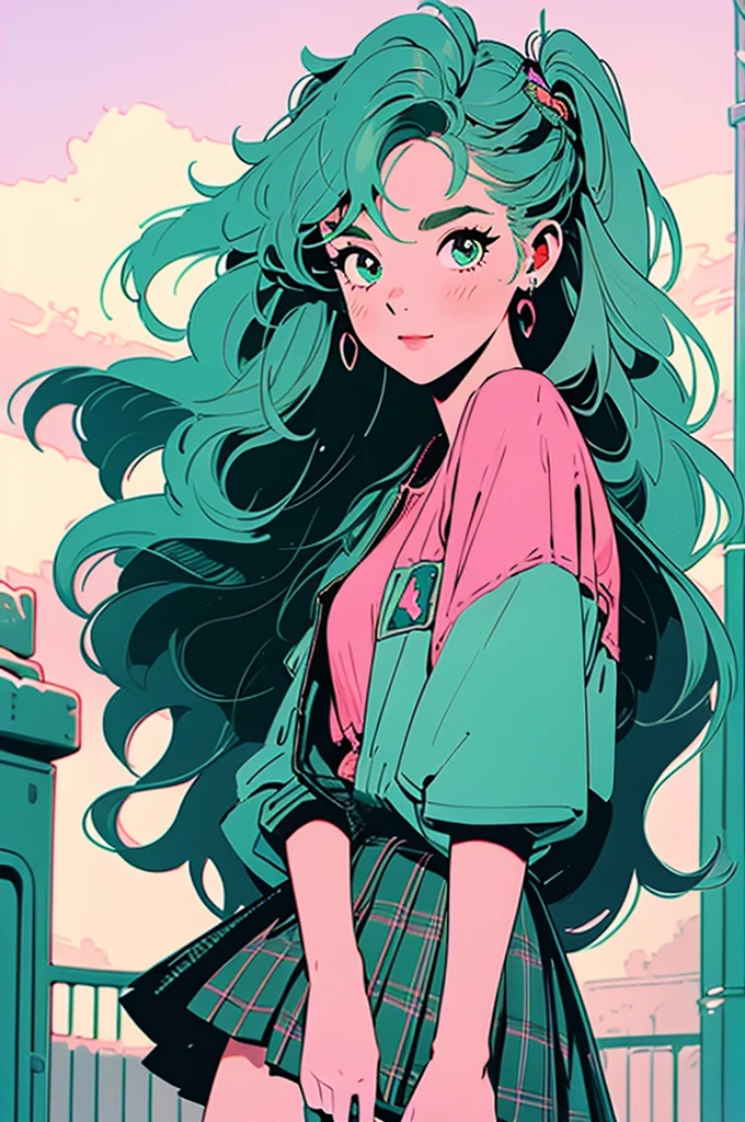 Volume hair, soft hair, emerald green hair and pink inner color, wavy hair, gradation hair, green hair, side braids, wavy hair, two side up, cloud hair, emerald green eyes, high school girl, Cheerful and active, blonde clip, loose socks, plaid skirt, holding smartphone, on the street, (best) quality, 4K, 8K, high resolution, masterpiece: 1.2), ultra-definition, bright colors, soft lighting
