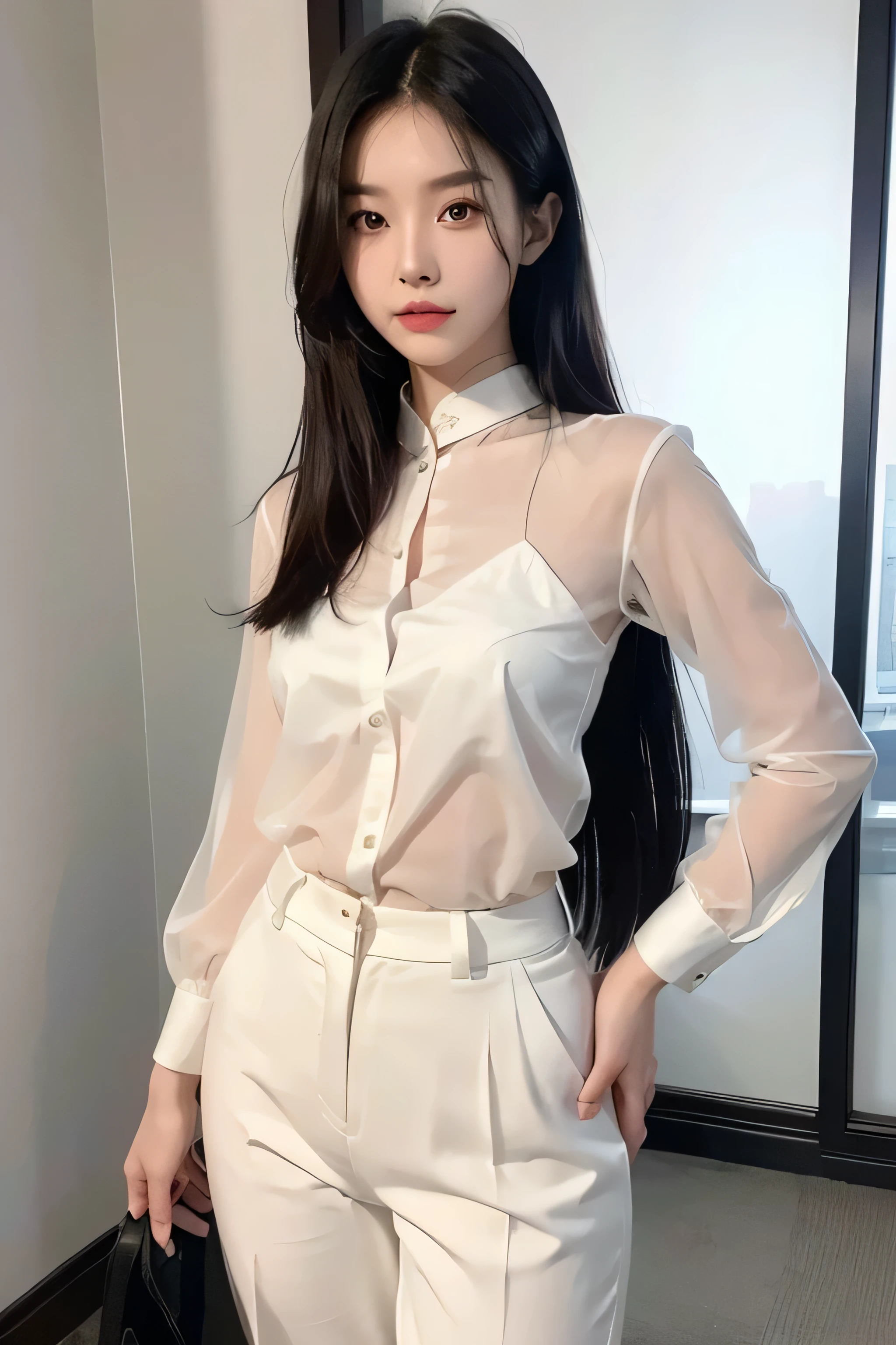 highly detailed face and body, 21 years old, chinese model, tall, perfect body, passionate and cute look, long black hair, black eyes, office lady outfit, white translucent blouse, long pants, small firm breasts, light skin, full body facing front