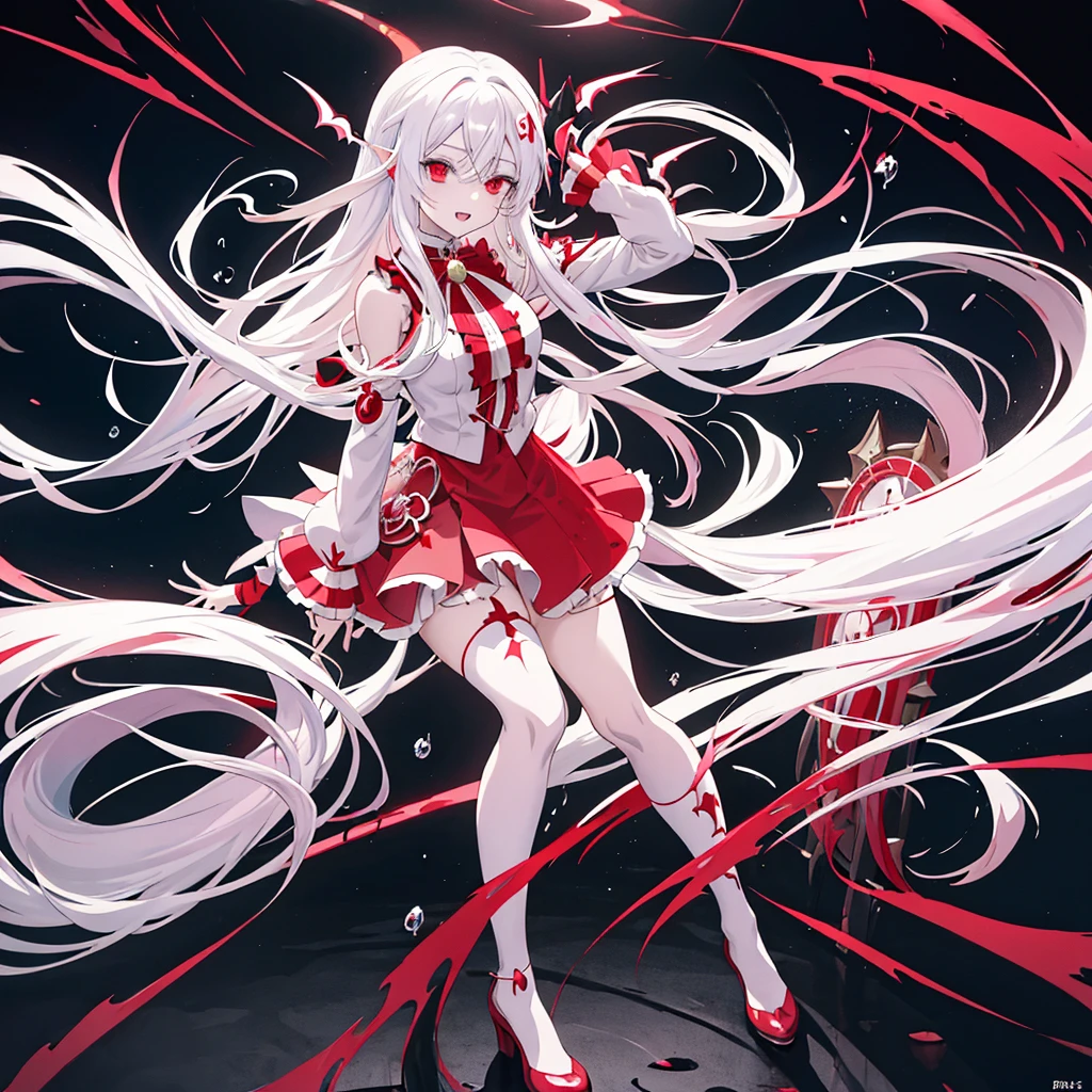 anime girl with long white hair and a red skirt, an anime drawing by Kanbun Master, pixiv, gothic art, demon anime girl, anime monster girl, gothic maiden anime girl, vampire girl, gapmoe yandere grimdark, splash art anime , in dress, nightcore, demon girl, magical girl anime mahou shojo, l vampire