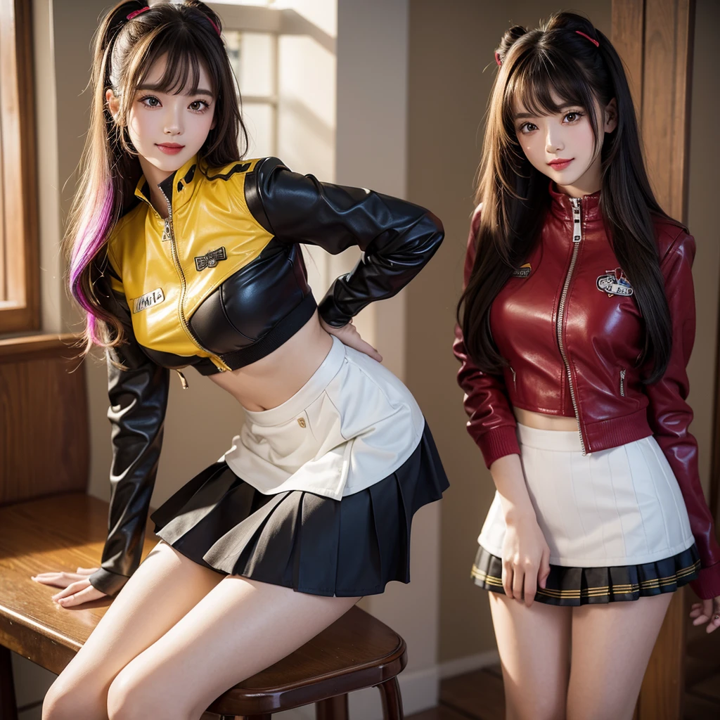 bangs down,beautiful girl,Standing posture,Maid clotheasterpiece,perfect face,perfect breasts,long hair,Outstanding style,stimulating,Cute outfits,Horny girl,double eyelid,Naughty Girls,Erotic and cute,mini skirt,ribbon on uniform,colorful hair color,yellow eyes,leather jacket,horny girl,Knee-high boots,
Colorful,multicoloured,future fashion,smile,,zipper bra,Multicolored clothing