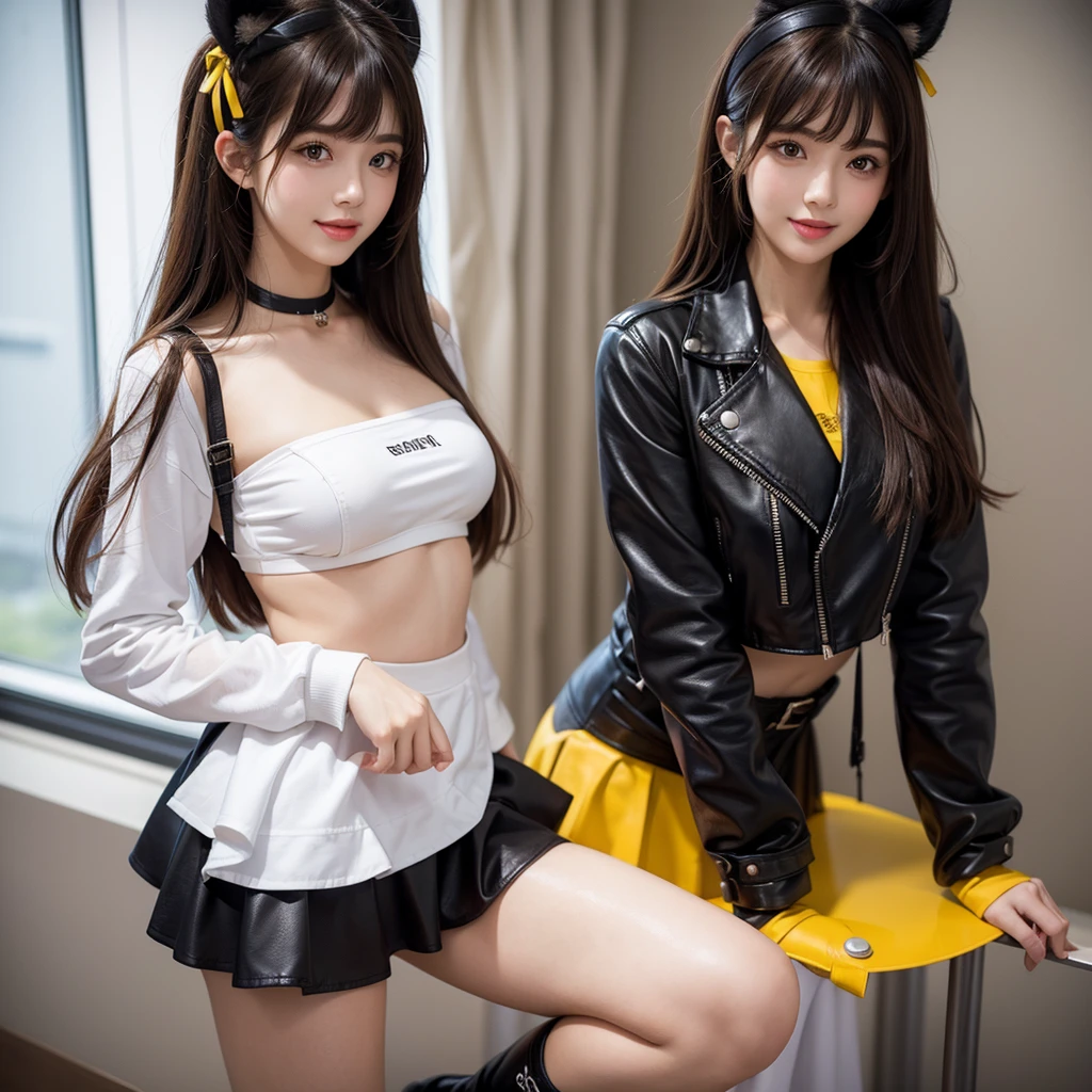 bangs down，beautiful girl，Standing posture，Maid clotheasterpiece，perfect face，perfect breasts，long hair，Outstanding style，stimulating，Cute outfits，Horny girl，double eyelid，Naughty Girls，Erotic and cute，mini skirt，ribbon on uniform，colorful hair color，yellow eyes，leather jacket，horny girl，Knee-high boots，
Colorful，multicoloured，future fashion，smile，，zipper bra，Multicolored clothing