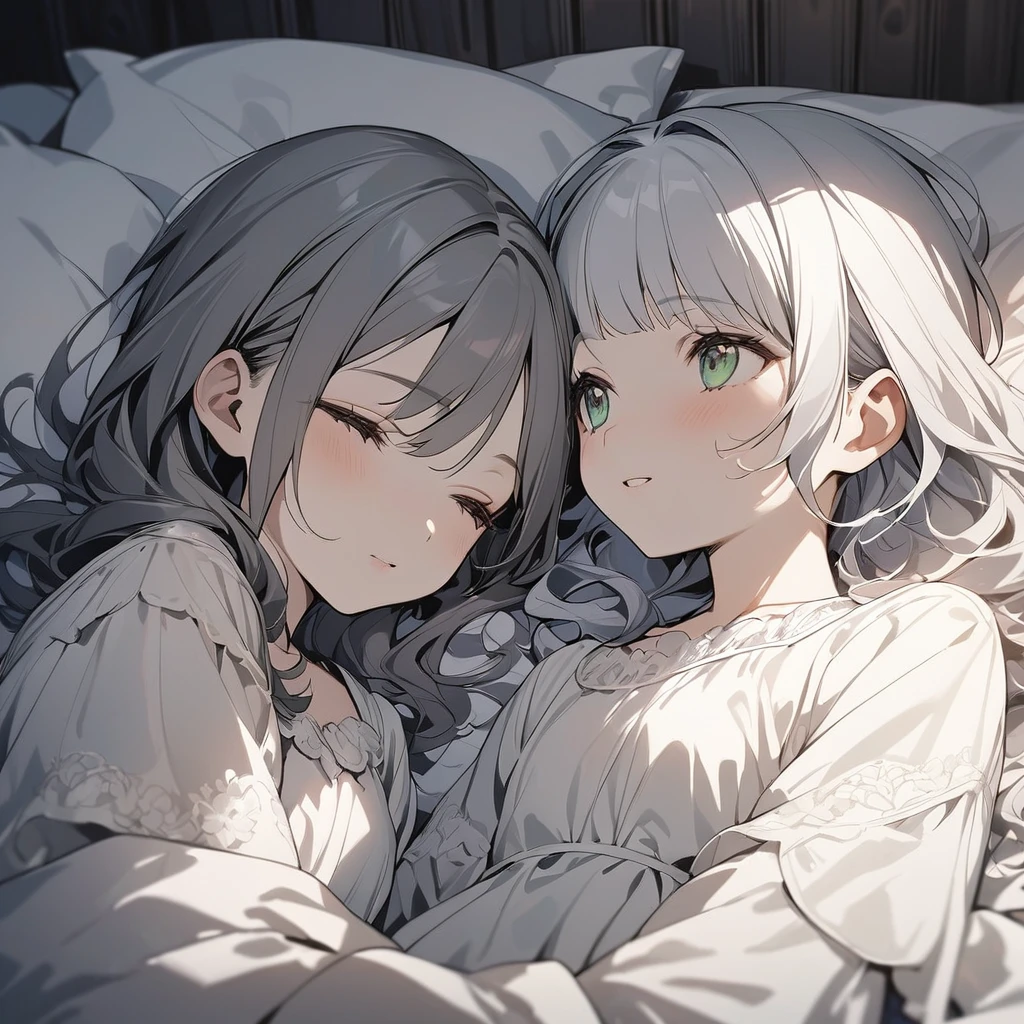 (Cute two girls:1.5),
(masterpiece:1.3), anime visual, (tilt head:1.3), extremely delicate face, realistic lighting and shading, (an extremely delicate and beautiful art:1.3), (muted colors:1.1), The sisters are sleeping in the same bed, the white-haired older sister is sleeping on her back, the lavender-haired, green-eyed younger sister is smiling with her pillow on her older sister's chest.