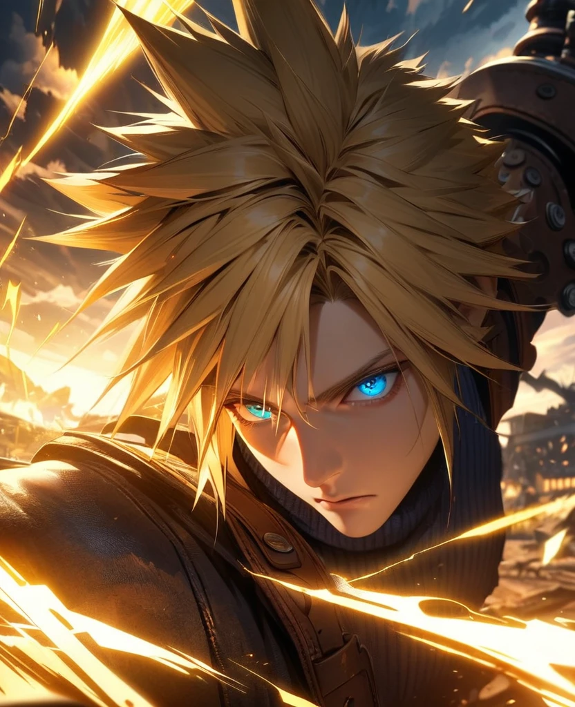 Symetrical,absurdres, highres, ultra detailed, HDR, masterpiece, extremely detailed face and eyes, Cloud Strife,final fantasy 7, yellow hair , , solo, man, handsome, ,, , Epic fight scene, yellow lightning effect, glowing glitters