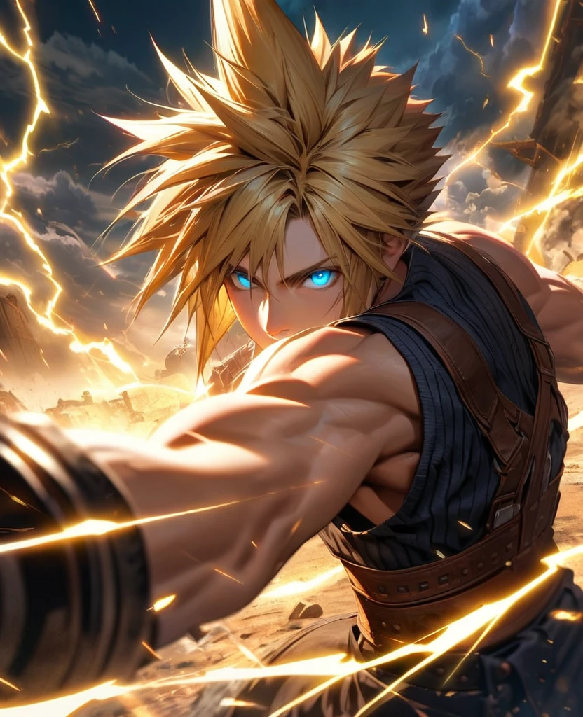 Symetrical,absurdres, highres, ultra detailed, HDR, masterpiece, extremely detailed face and eyes, Cloud Strife,final fantasy 7, yellow hair , , solo, man, handsome, ,, , Epic fight scene, yellow lightning effect, glowing glitters