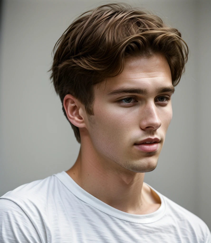 ultra-high-resolution 8K, best quality, (photo realistic:1.4), fashion model, man, 22years old, caucasian, fair skin with detailed and realistic skin texture, ((short hair, brown hair, center part hairstyle)), closed mouth, wearing white no-sleeve top, exuding the vibe of a fashion model with a neutral, serious expression, from side, (upper body), detailed hair, epiC35mm
