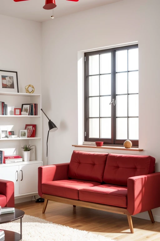 Small living room with white wall, Light wooden floor, Red couch, large windows with a cheerful and sophisticated atmosphere