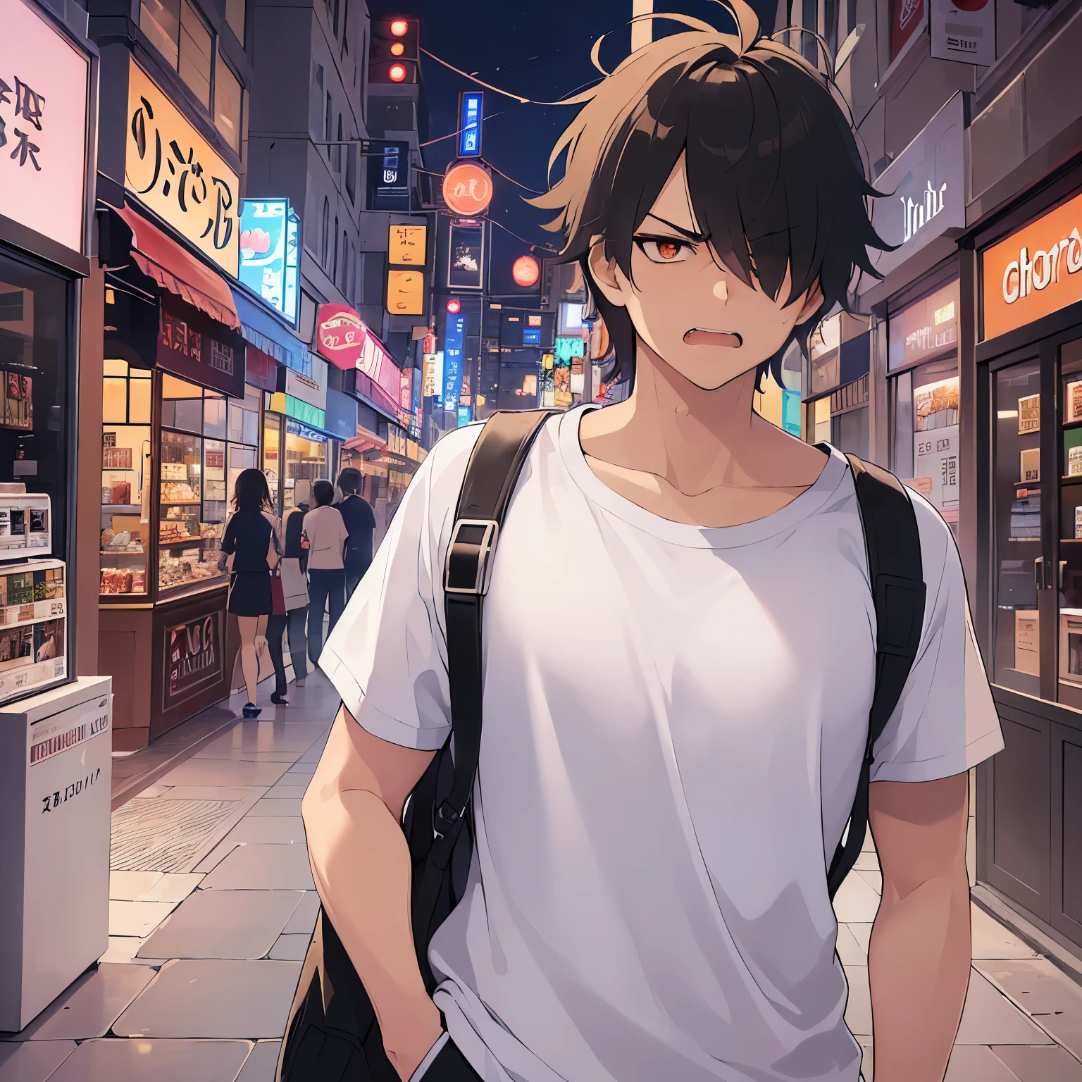 upper body、masterpiece、Highest quality、BREAK (40-year-old man:1.5) and (Brown short hair) and (Orange eyes) and (jitome) and (hair over one eye) BREAK (White T-shirt:1.3), Are standing、The background is a shopping street at night、(scowl, angry:1.5), Upper body is shown