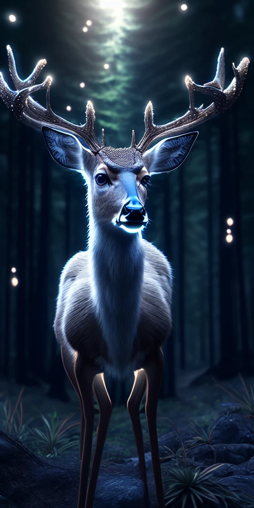 a close up of a deer with glowing antlers in a forest, 3d digital art 4k, digital art animal photo, digital artwork 4 k, holographic creatures, 4k highly detailed digital art, 8k high quality detailed art, 4k detailed digital art, 8 k ultra realistic animal, digital art 4k, digital art 4 k, detailed digital 3d art