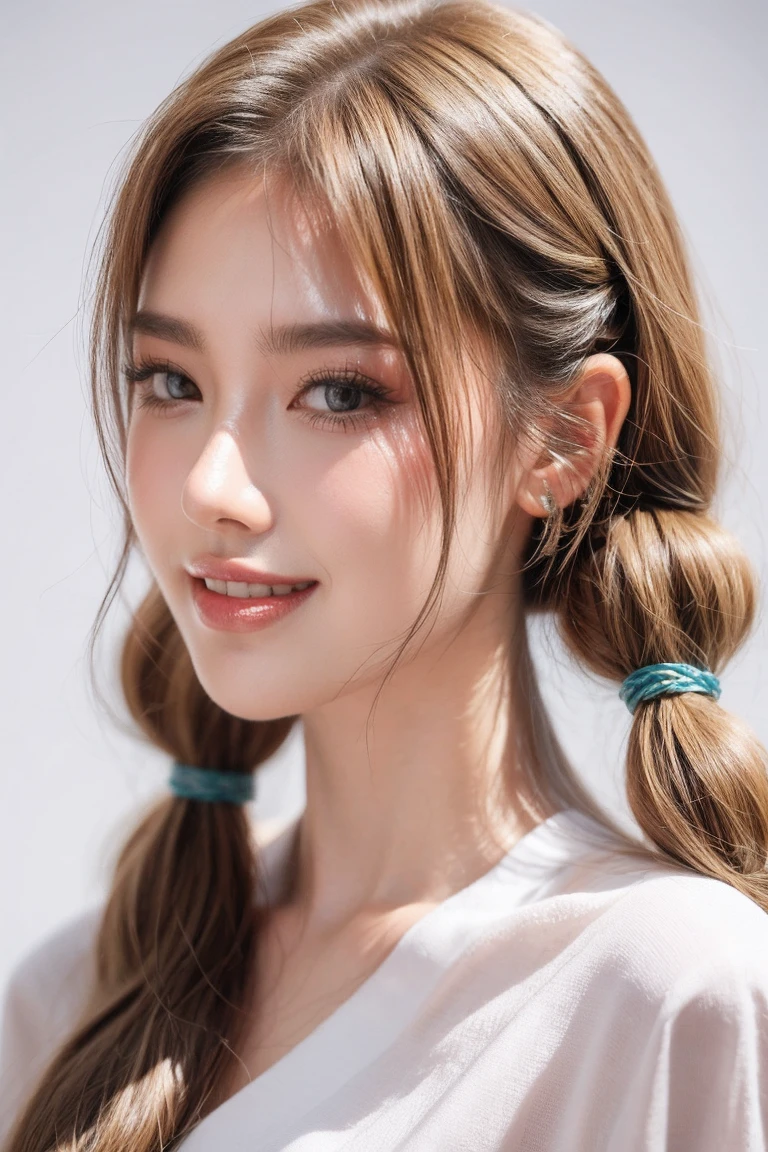 1girl smile face, solo, twintail hair, blonde hair, white background, realistic, lips, eyelashes,