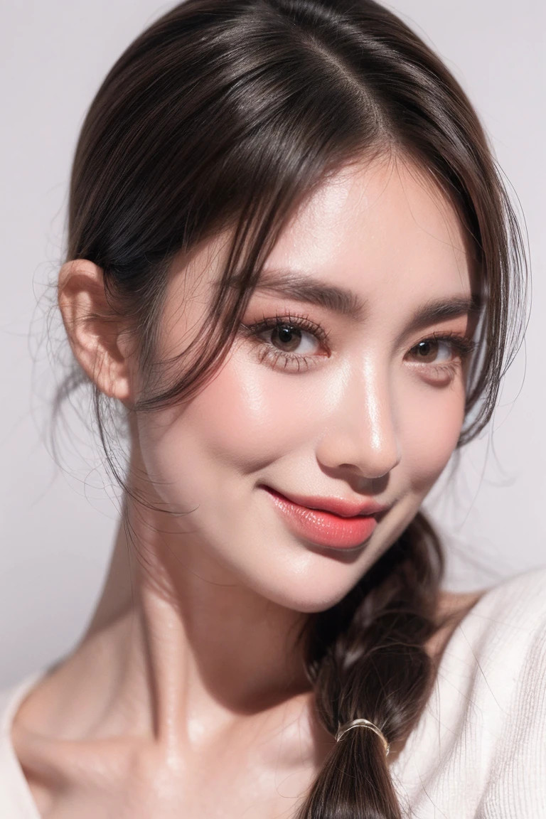 1girl smile face, solo, twintail hair, blonde hair, white background, realistic, lips, eyelashes,