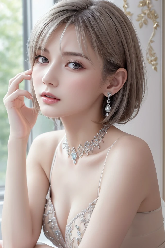silver thong&Good, (((Very elegant and beautiful, Perfect detail, Super detailed))), whole body, The most detailed girl, Depth of written boundary, 美しく詳細なwhole body, Thin legs, 1 girl, 30 years old, Very short hair, Spiked Hair, Gray and silver hair, Beautiful detailed hair, Perfect Face, Expressionless, Beautifully detailed deep eyes, Open your mouth a little, Delicate arms and hands, Pale skin, Earrings, Beautiful and gorgeous necklace, Colorful background, HD background, Blurred Background, Very delicate and beautiful, Masterpiece, (((Highest quality, Very beautiful 8K CG wallpaper))), (((Trendy hairstyles))), (Inside the room,Stylish interior,window),