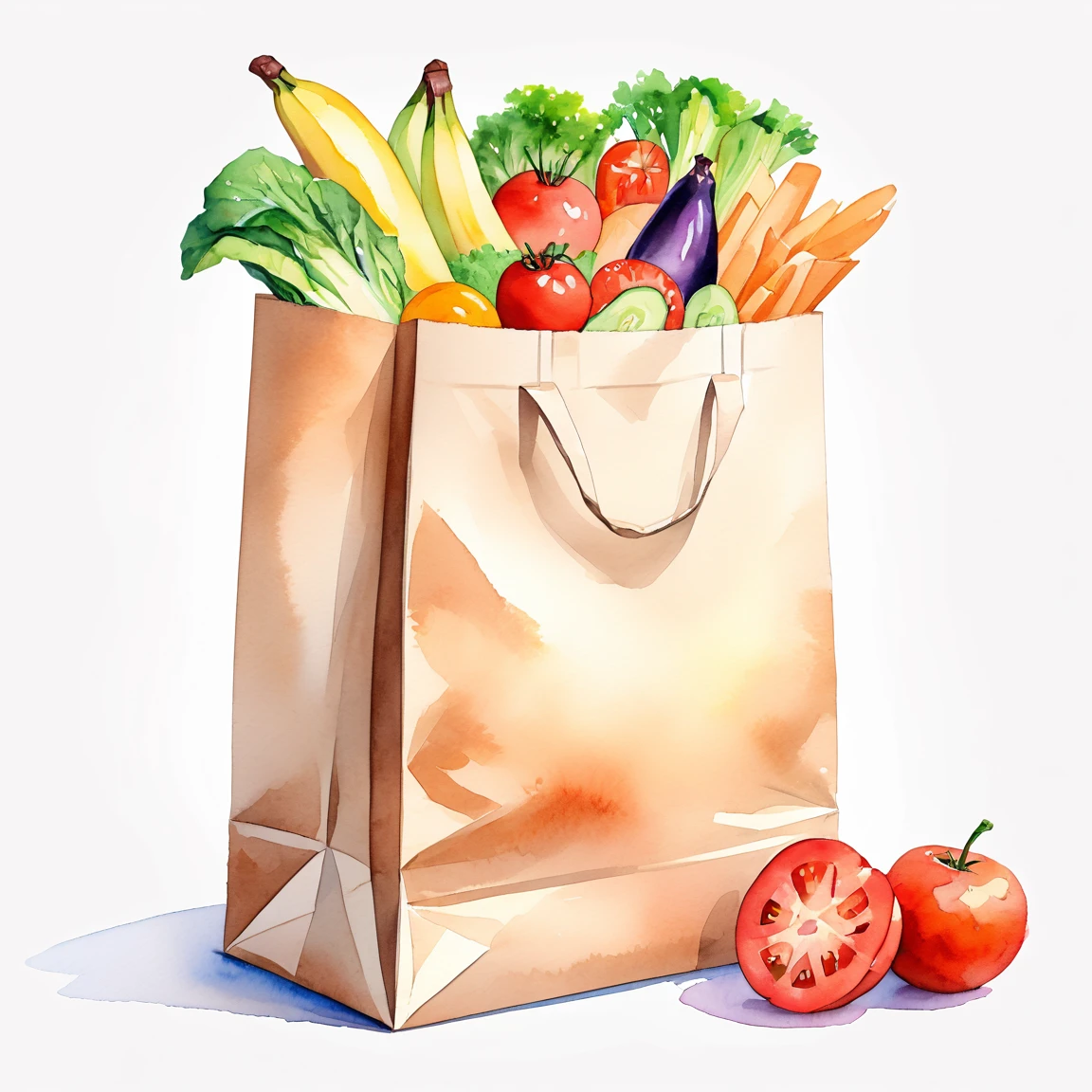 ((best quality)), ((masterpiece)), (detailed), loose watercolor, minimalist, create a picture of a cartoon grocery paper bag full of a lot healthy food, against plain brilliant white background, isolated, fresh, tasty, delicious, vibrant color. the grocery paper bag is sitting on a white brilliant surface, detailed