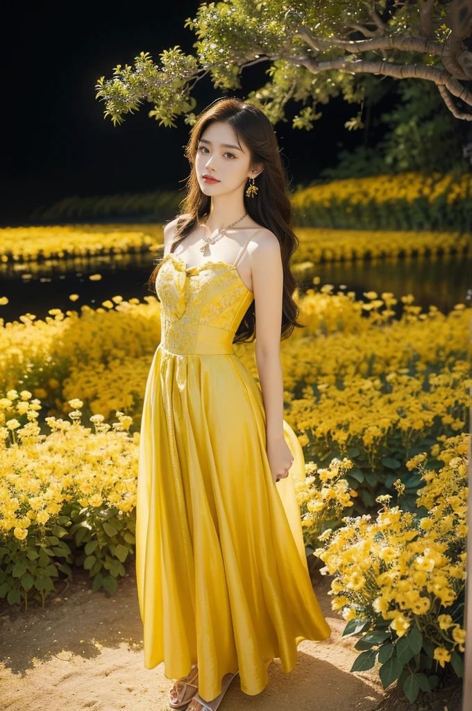 (((best quality))),(((ultra detailed))),(((masterpiece))),illustration, a stunning young girl amidst a sea of yellow roses, yellow rose petal dress,slim,thin, fair skin,shoulder length straight chestnut hair,earrings,necklace,intricate patterns, embellishments, ethereal charm, sparkling eyes, gentle smile,flat chest,small breasts, innocence and grace, yellow roses background, full bloom, fragrance of roses, enchanting presence,admiration, beauty and nature blend, striking appearance, vibrant yellow color, harmonious equilibrium,lasting impression,((standing,arms behind back)),from front,night scene,slender legs,