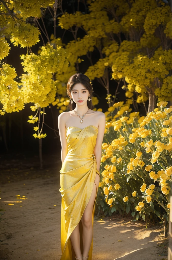 (((best quality))),(((ultra detailed))),(((masterpiece))),illustration, a stunning young girl amidst a sea of yellow roses, yellow rose petal dress,slim,thin, fair skin,shoulder length straight chestnut hair,earrings,necklace,intricate patterns, embellishments, ethereal charm, sparkling eyes, gentle smile,flat chest,small breasts, innocence and grace, yellow roses background, full bloom, fragrance of roses, enchanting presence,admiration, beauty and nature blend, striking appearance, vibrant yellow color, harmonious equilibrium,lasting impression,((standing,arms behind back)),from front,night scene,slender legs,