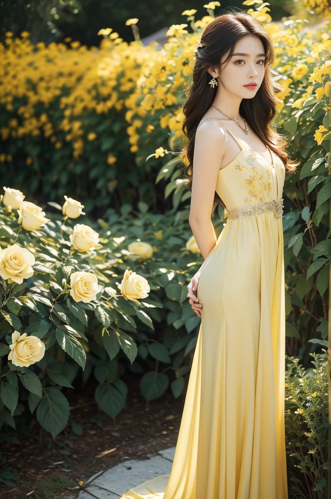 (((best quality))),(((ultra detailed))),(((masterpiece))),illustration, a stunning young girl amidst a sea of yellow roses, yellow rose petal dress,slim,thin, fair skin,shoulder length straight chestnut hair,earrings,necklace,intricate patterns, embellishments, ethereal charm, sparkling eyes, gentle smile,flat chest,small breasts, innocence and grace, yellow roses background, full bloom, fragrance of roses, enchanting presence,admiration, beauty and nature blend, striking appearance, vibrant yellow color, harmonious equilibrium,lasting impression,((standing,arms behind back)),from front,night scene,slender legs,