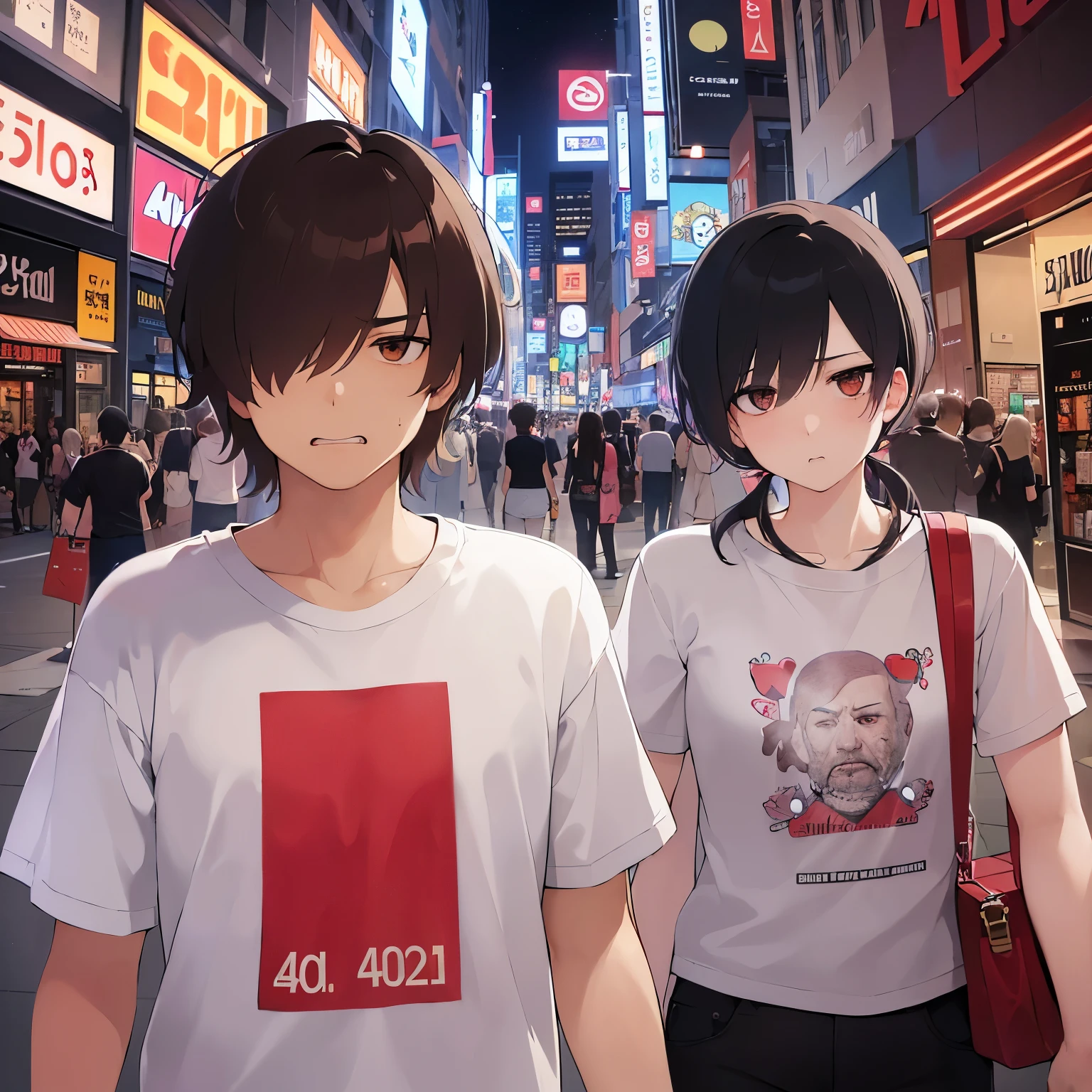 upper body、masterpiece、Highest quality、BREAK (40-year-old man:1.5) and (Brown short hair) and (Orange eyes) and (jitome) and (hair over one eye) BREAK (White T-shirt:1.3), Are standing、The background is a shopping street at night、(scowl, angry:1.5), Upper body is shown